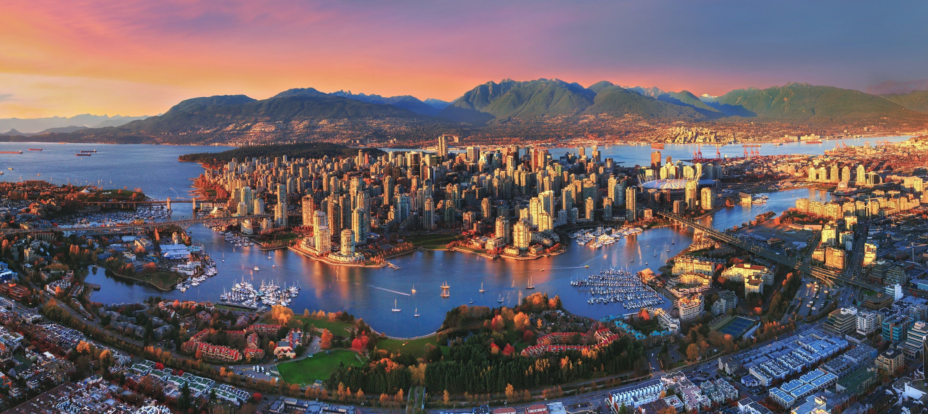 Vancouver vista aerea tramonto, 3072x1371 Ultrawide, Monitor Gaming