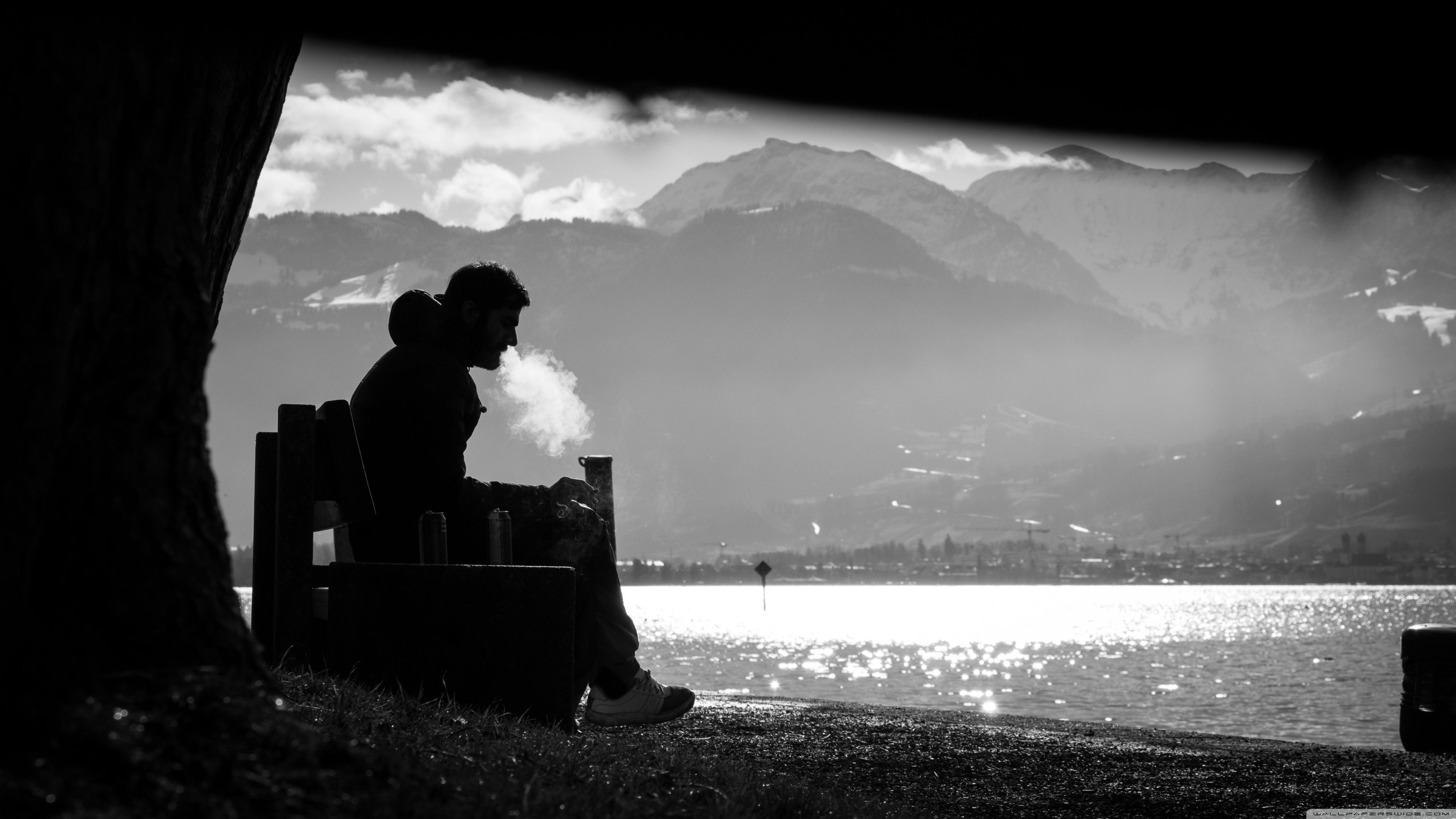 Silhouette persona fuma vicino lago, 3840x2160 4K Ultra HD, Monitor 4K