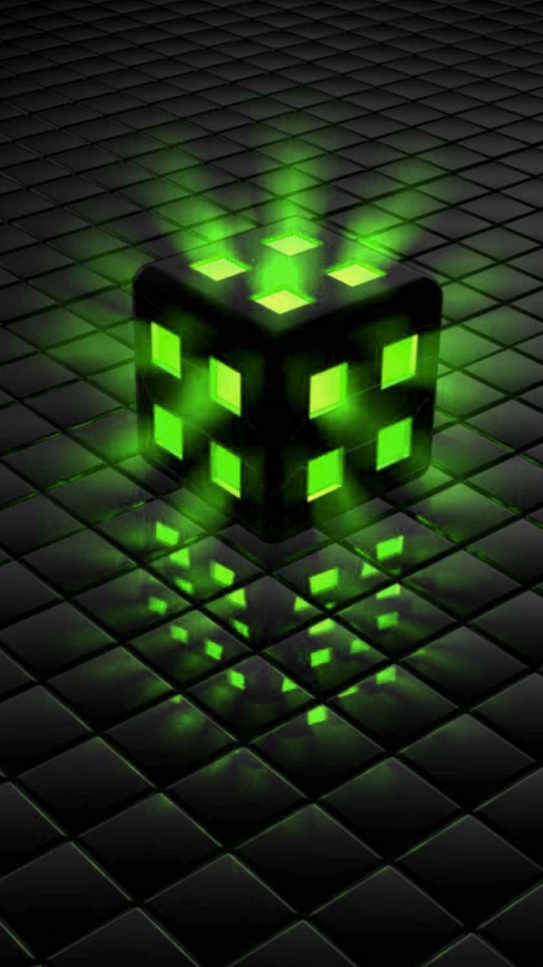 Cubo verde luminoso 3D, 1080x1920 Verticale, Telefono
