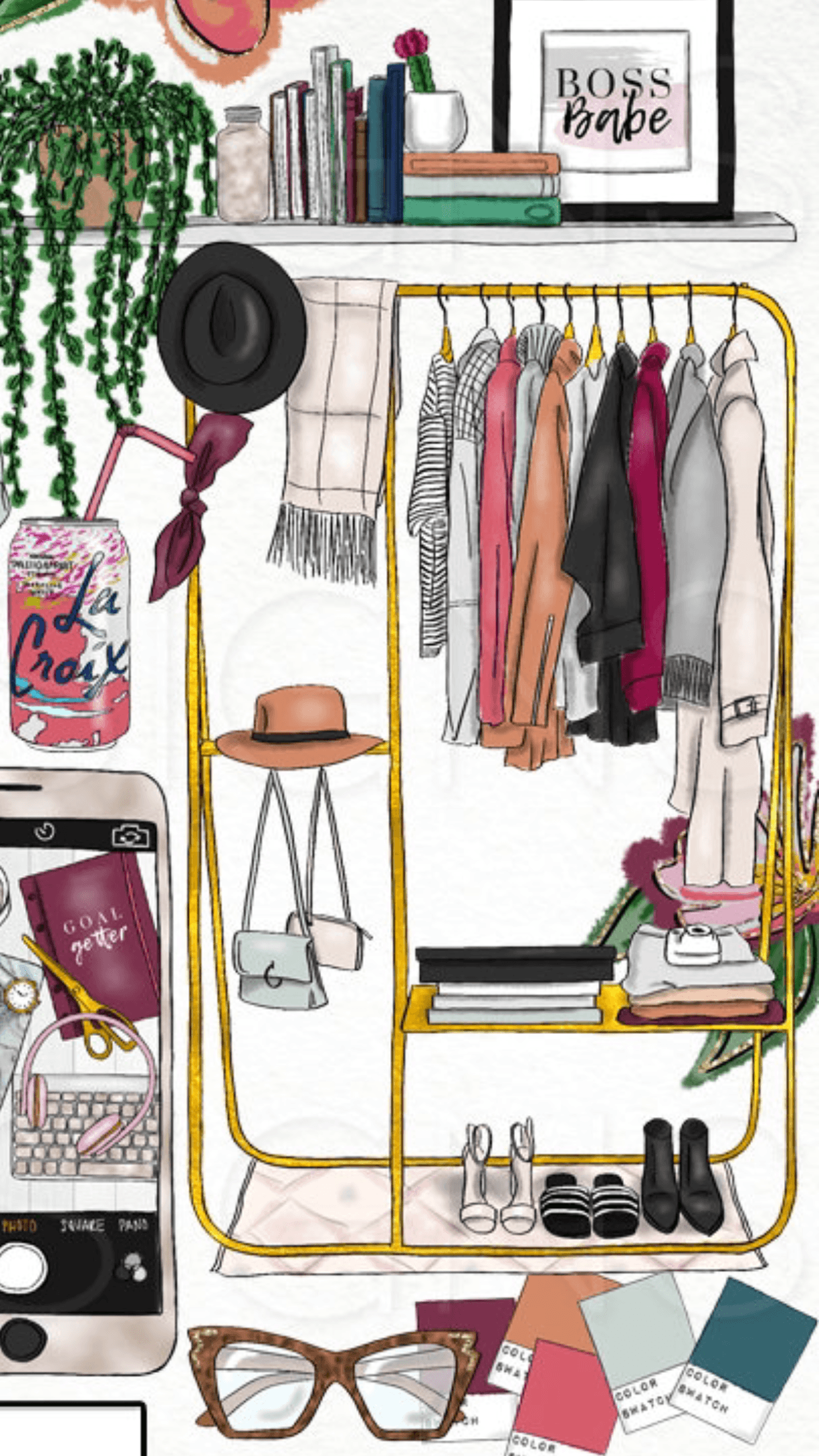 Illustrazione armadio vestiti moda, 1242x2208 Verticale, Telefono