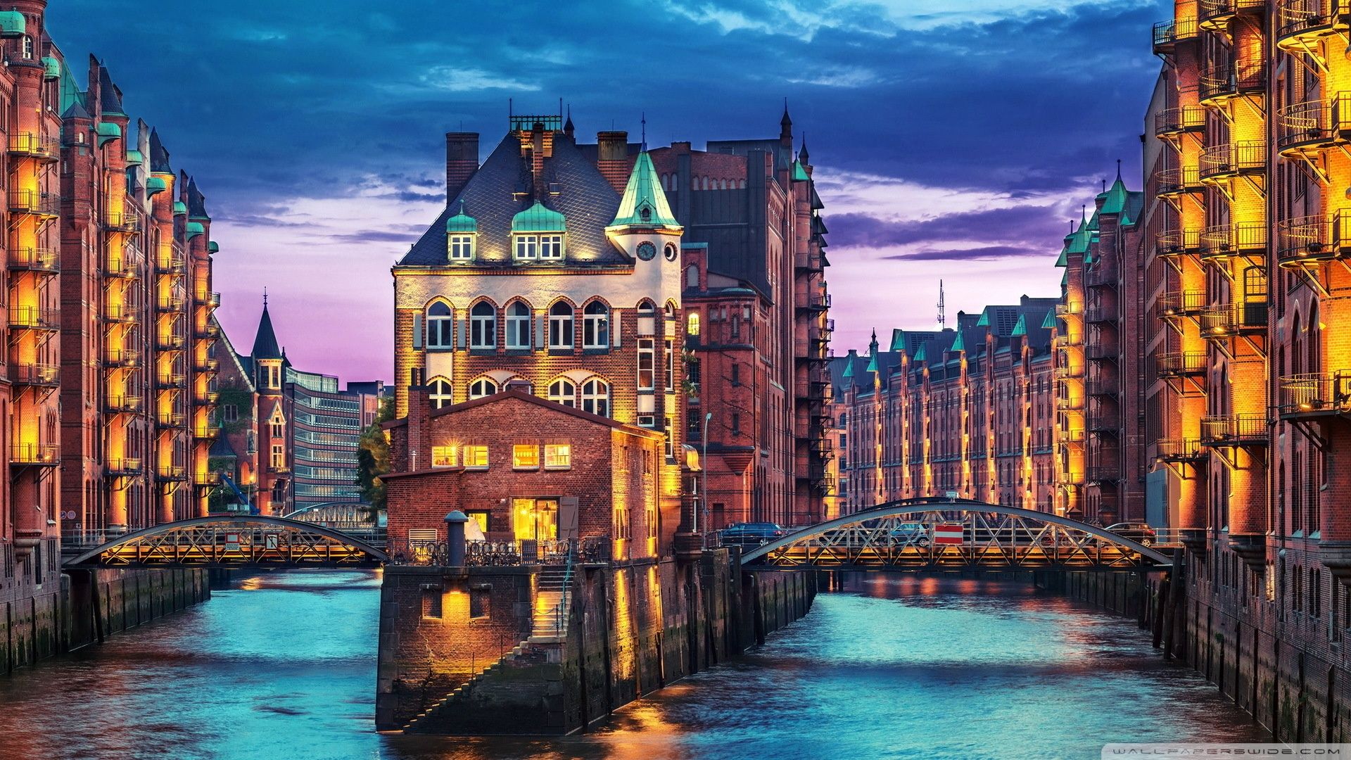 Speicherstadt Amburgo canale notturno, 1920x1080 1080p, Monitor Gaming