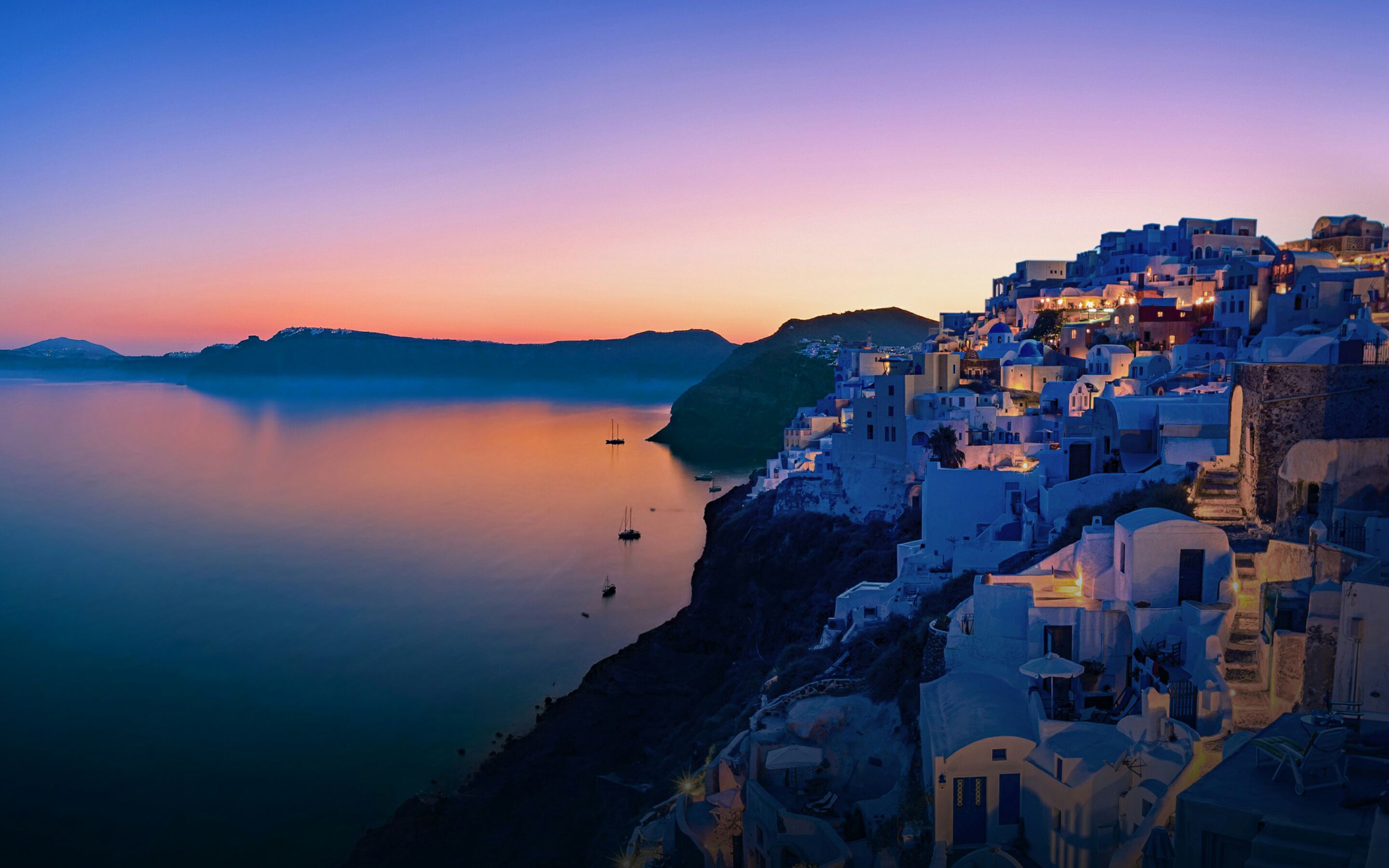 Santorini tramonto villaggio bianco, 2880x1800 2K+, Monitor Gaming