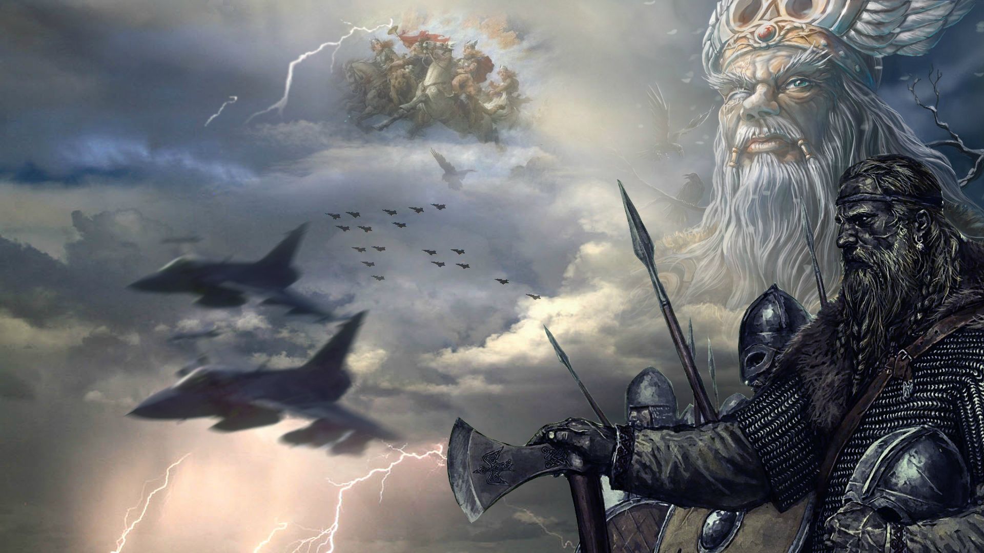 Guerriero vichingo e Odino nel cielo, 1920x1080 Full HD, PC
