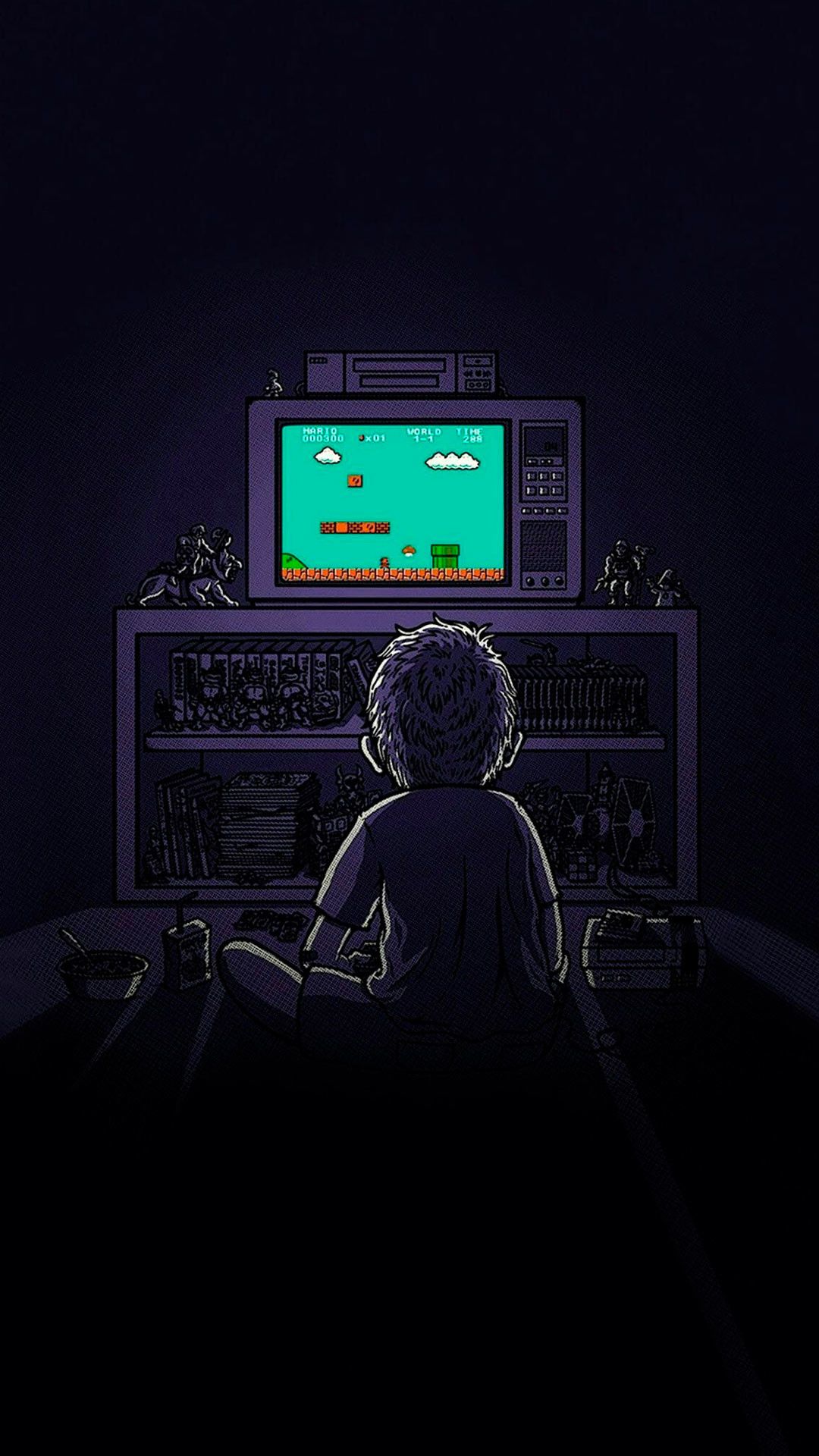 Bambino gioca console retro notte, 1080x1920 Full HD Verticale, Smartphone