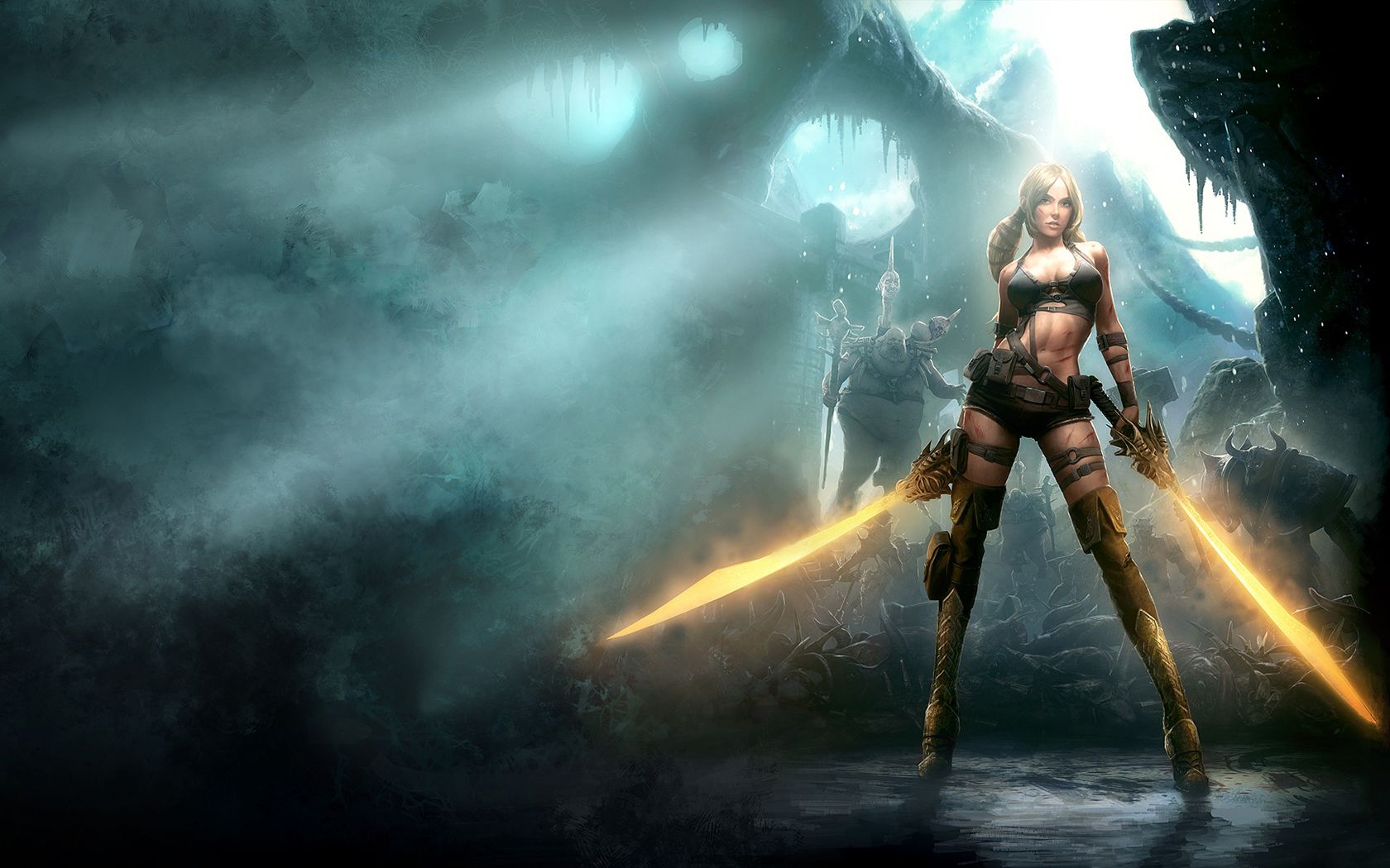 Guerriera fantasy con spade fiammeggianti, 1680x1050 900p, Laptop