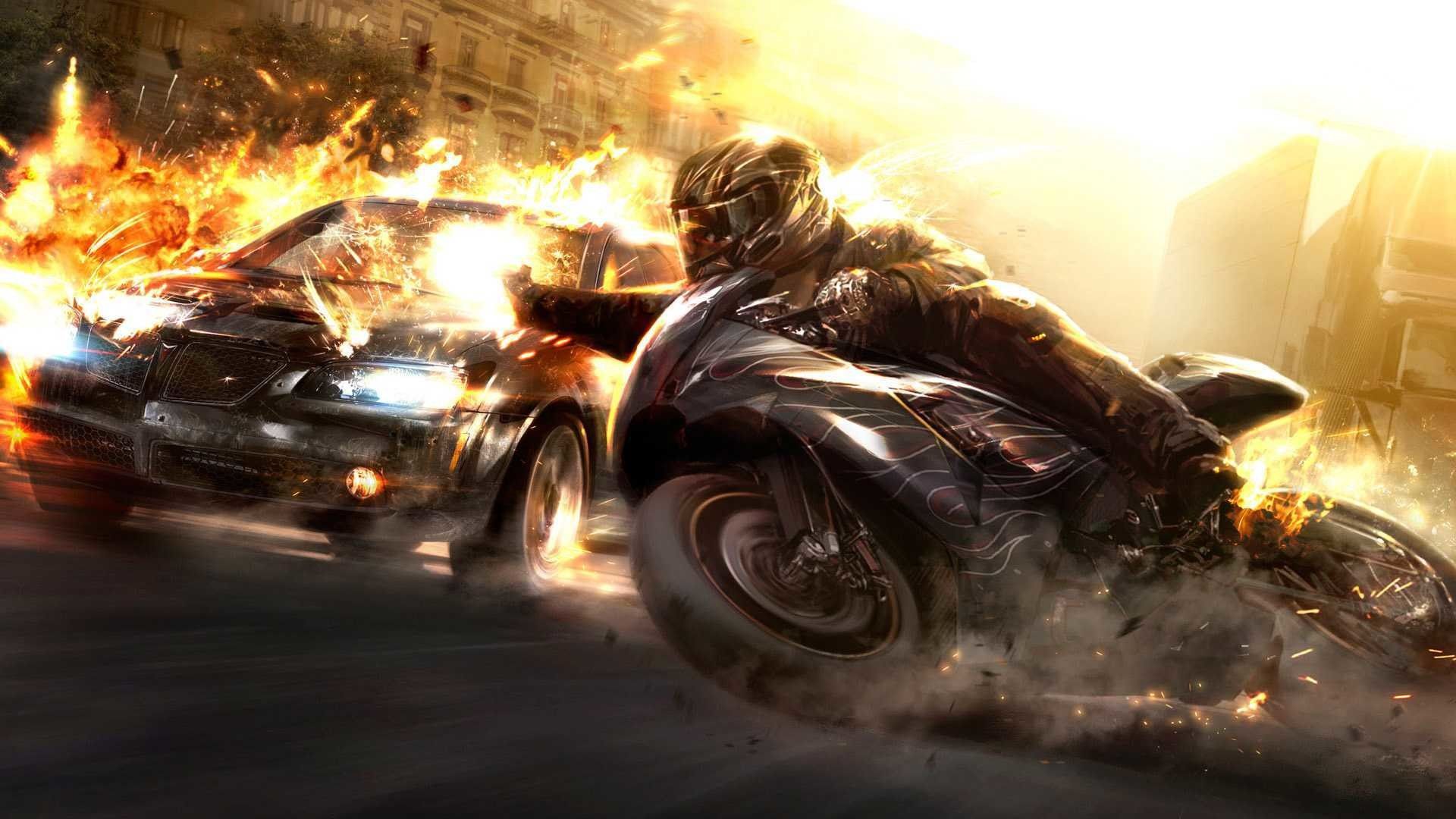 Motociclista con esplosioni e fuoco, 1920x1080 1080p, Desktop