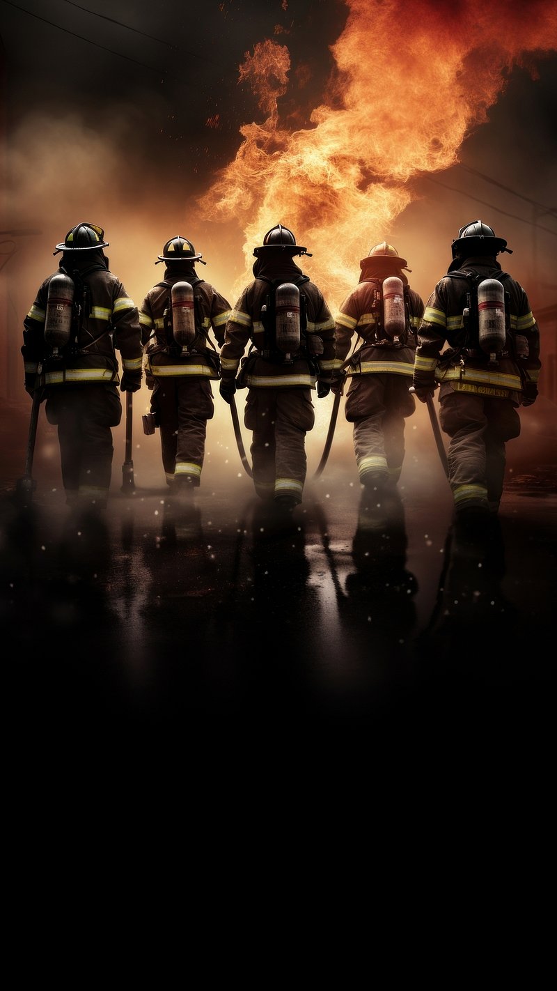 Vigili del fuoco davanti fiamme, 800x1422 Verticale, Mobile