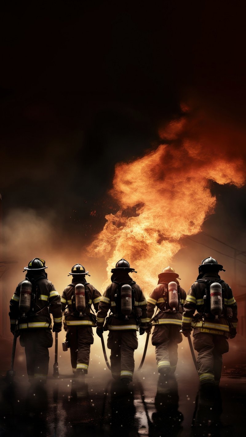 Vigili del fuoco davanti fiamme, 800x1422 Verticale, Telefono