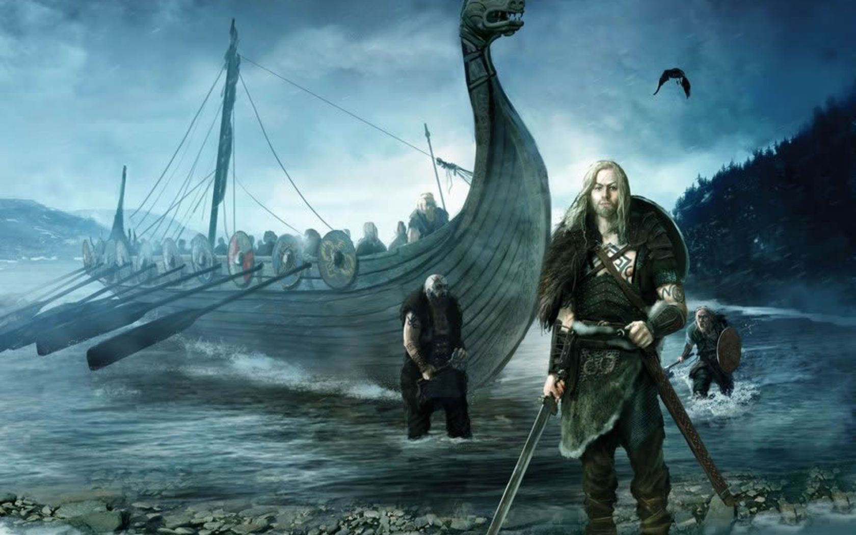 Guerriero vichingo con nave drakkar, 1680x1050 900p, PC