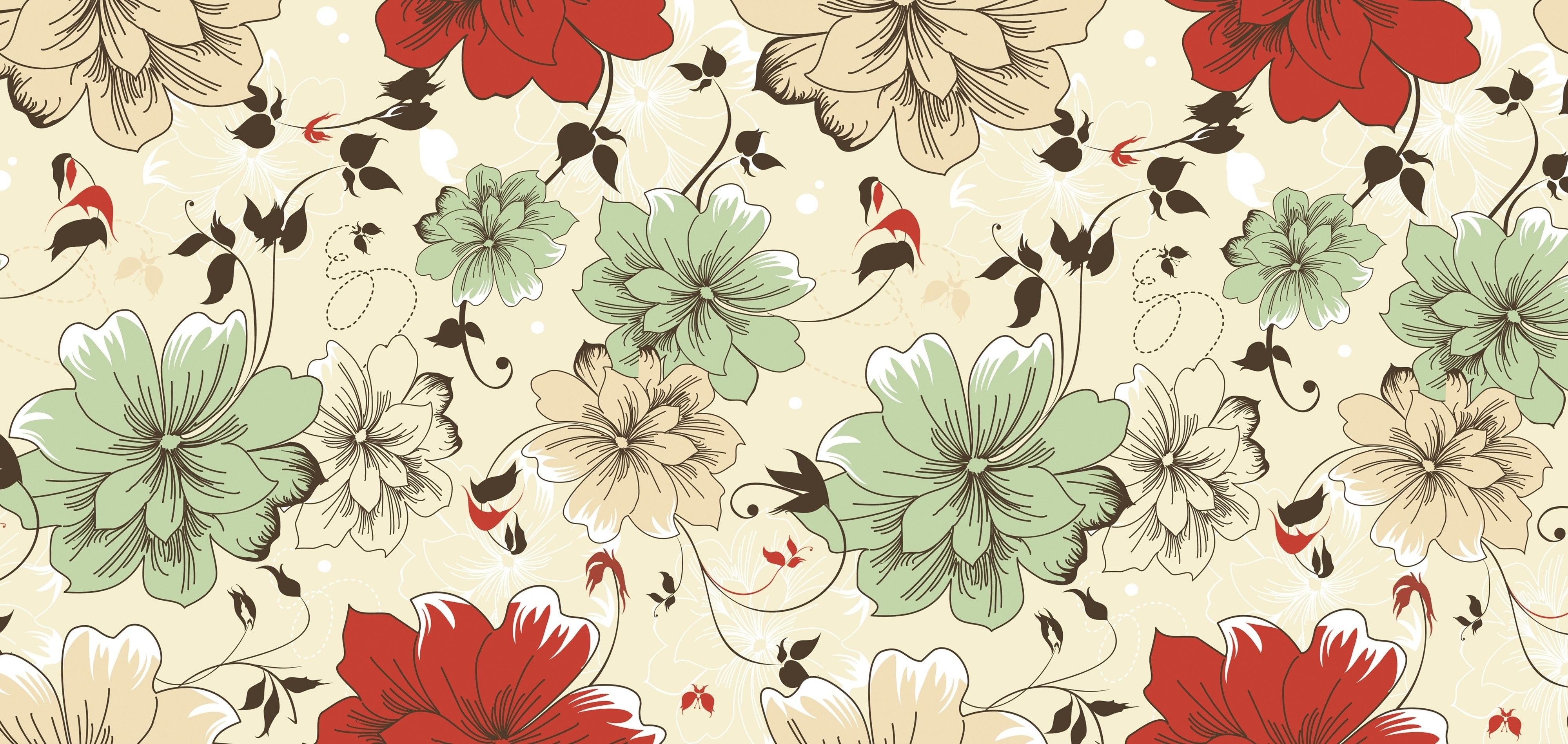 Fiori vintage rosso verde crema, 4000x1900 UHD, Monitor Gaming