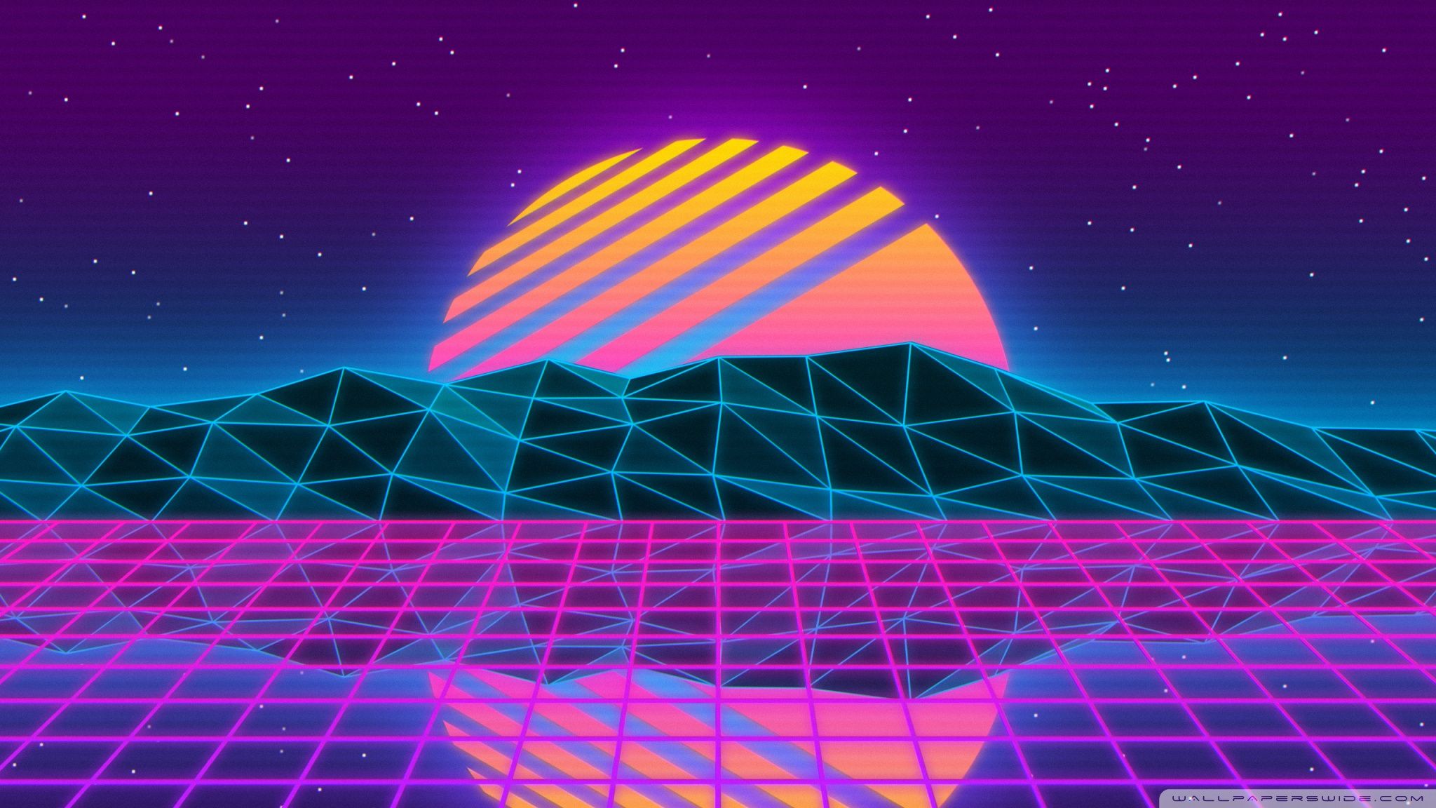 Paesaggio vaporwave sole retrò, 2048x1152 2K, PC Desktop
