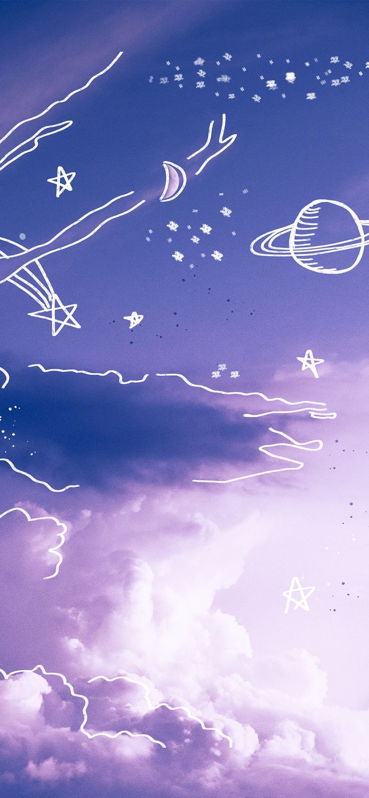 Cielo viola con stelle e pianeta disegnati, 736x1593 Verticale, Mobile