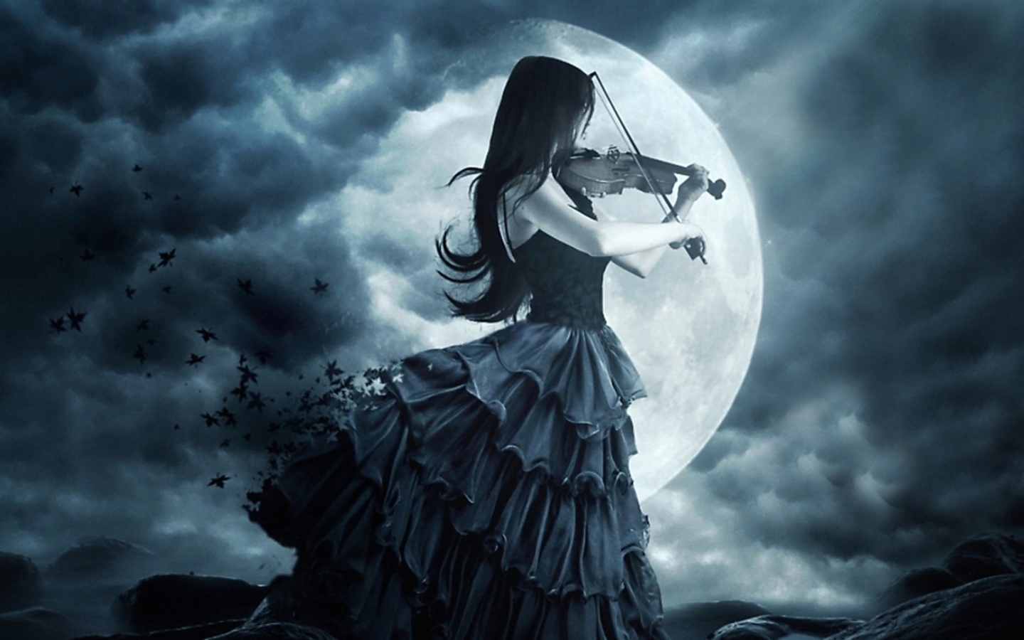 Donna con violino sotto luna, 1440x900 720p, Laptop