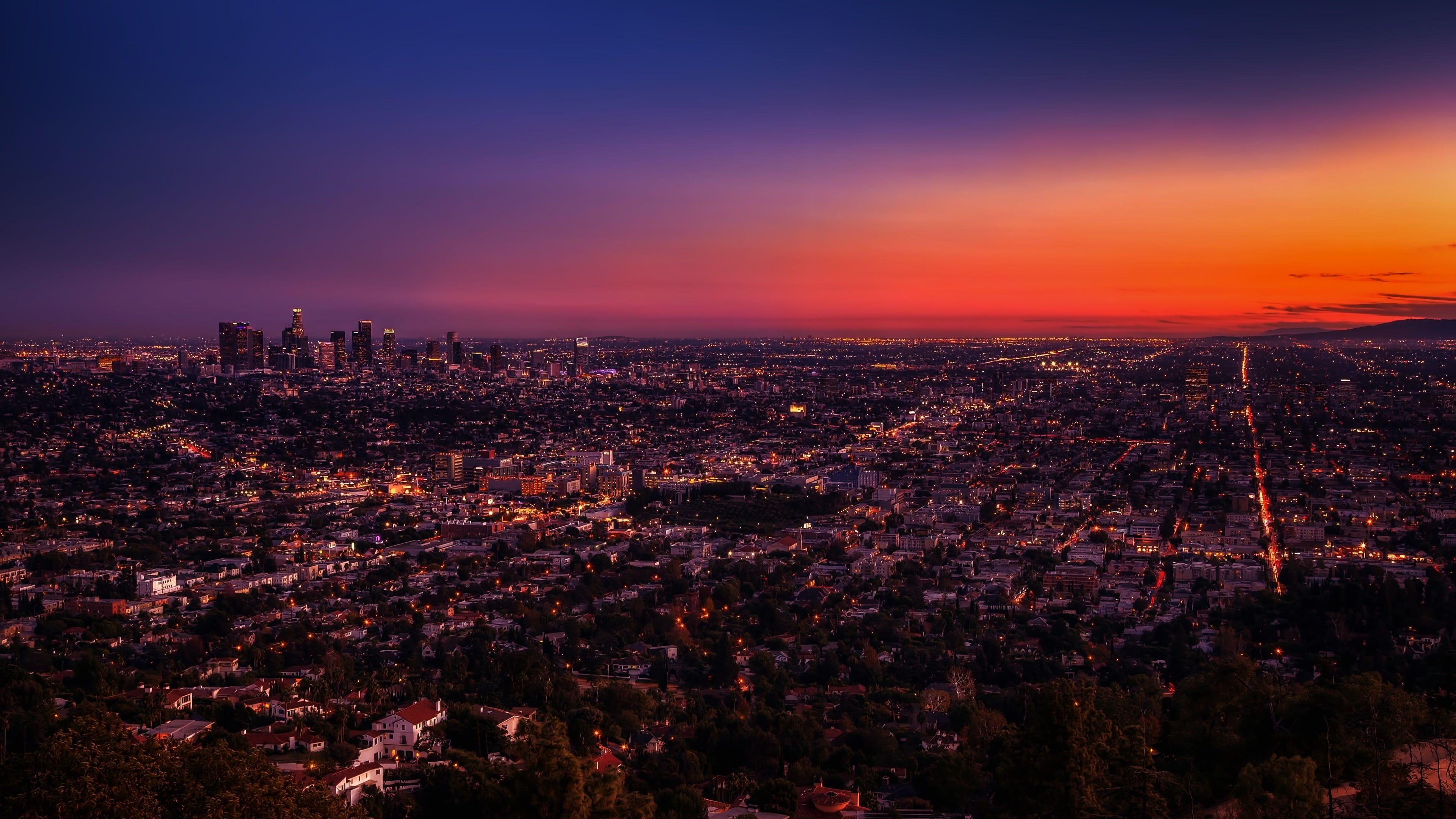 Vista aerea Los Angeles al tramonto, Hollywood, 3840x2160 Ultra HD, 4K TV