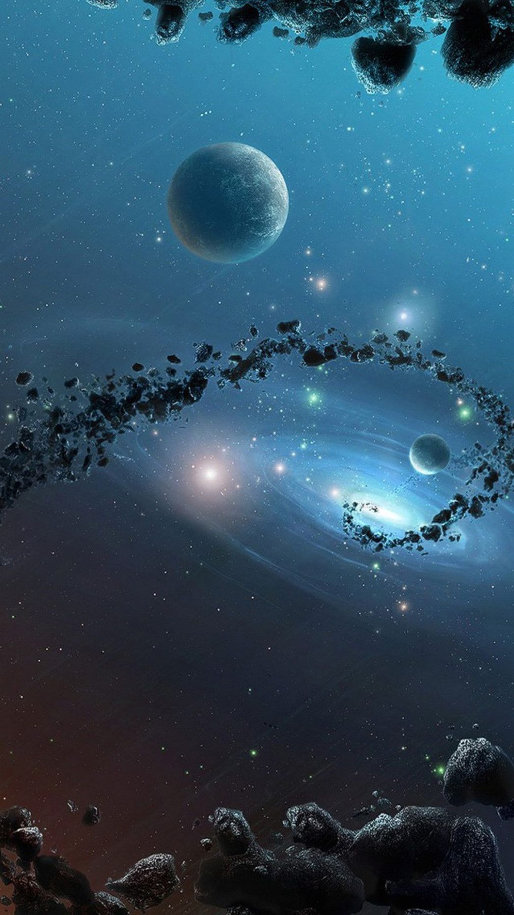 Spazio pianeti asteroidi blu, 1047x1862 Verticale, Telefono