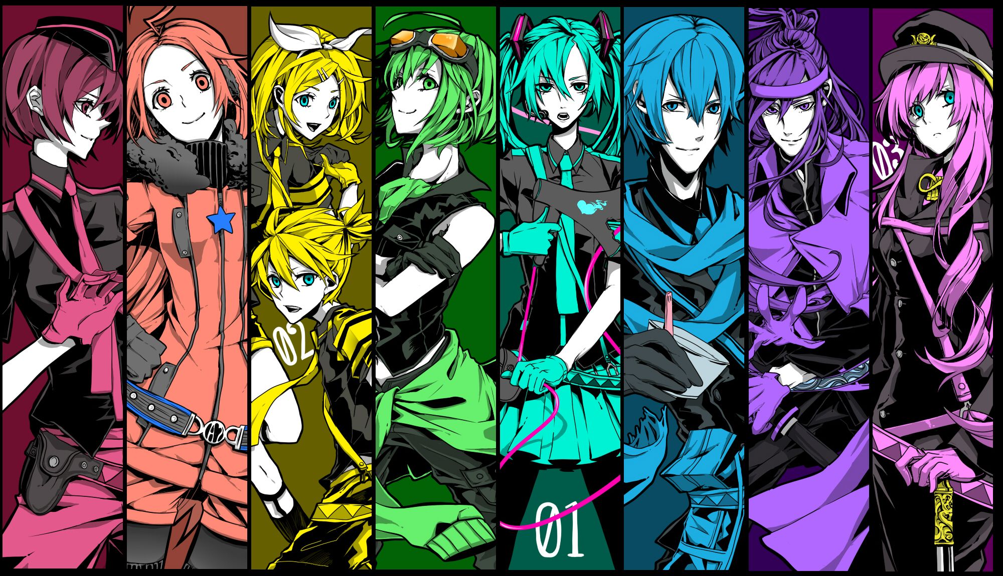 Personaggi Vocaloid in pannelli colorati, Hatsune Miku, 2000x1150 alta risoluzione, PC