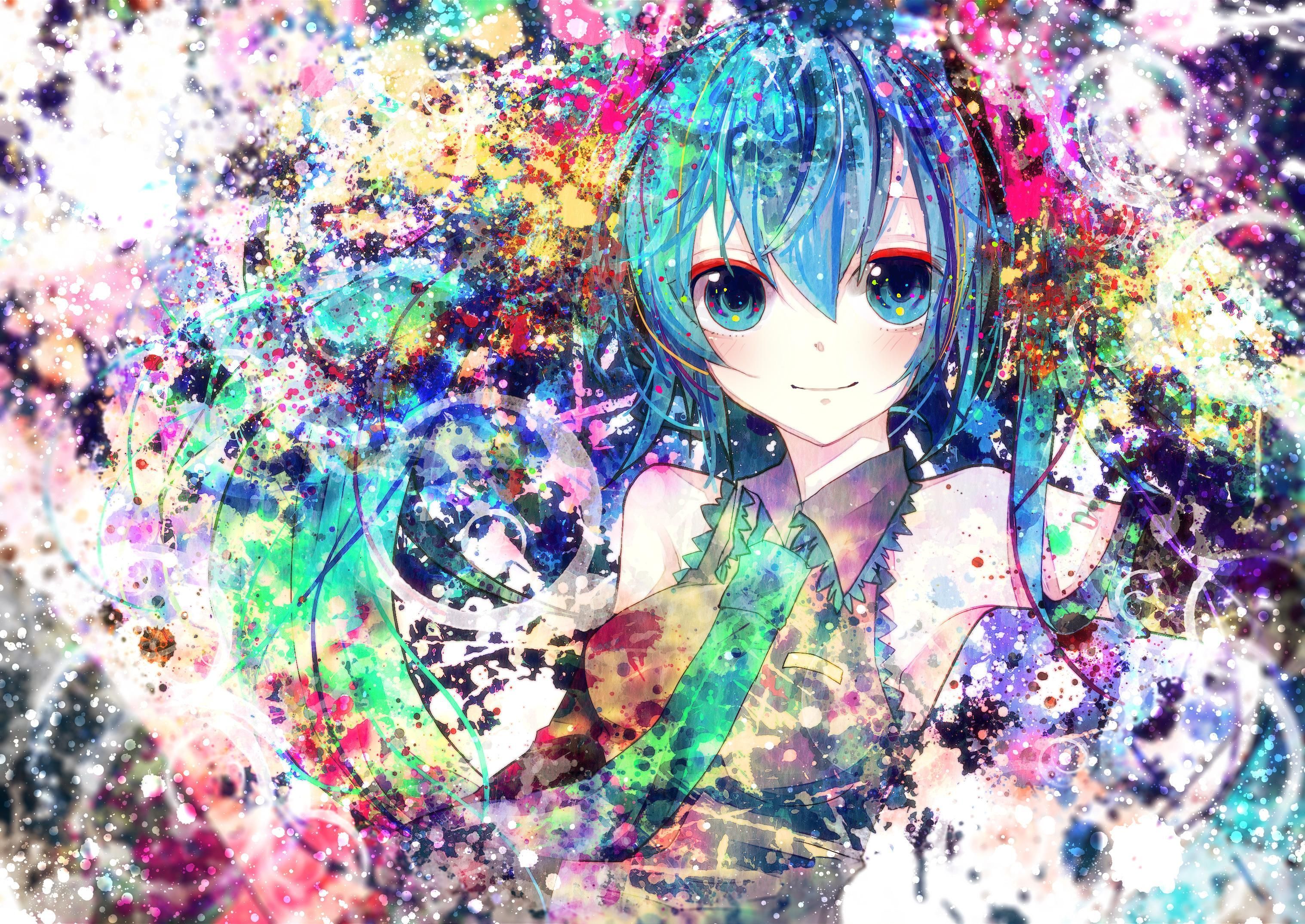 Hatsune Miku, Vocaloid, splash colori, 3035x2149 WQXGA, Monitor Gaming