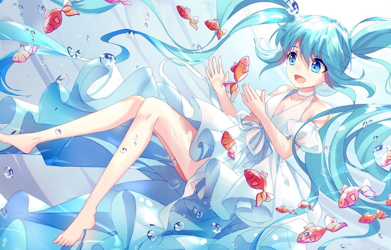 Hatsune Miku capelli azzurri pesci, 1332x850 HD, Notebook Gaming