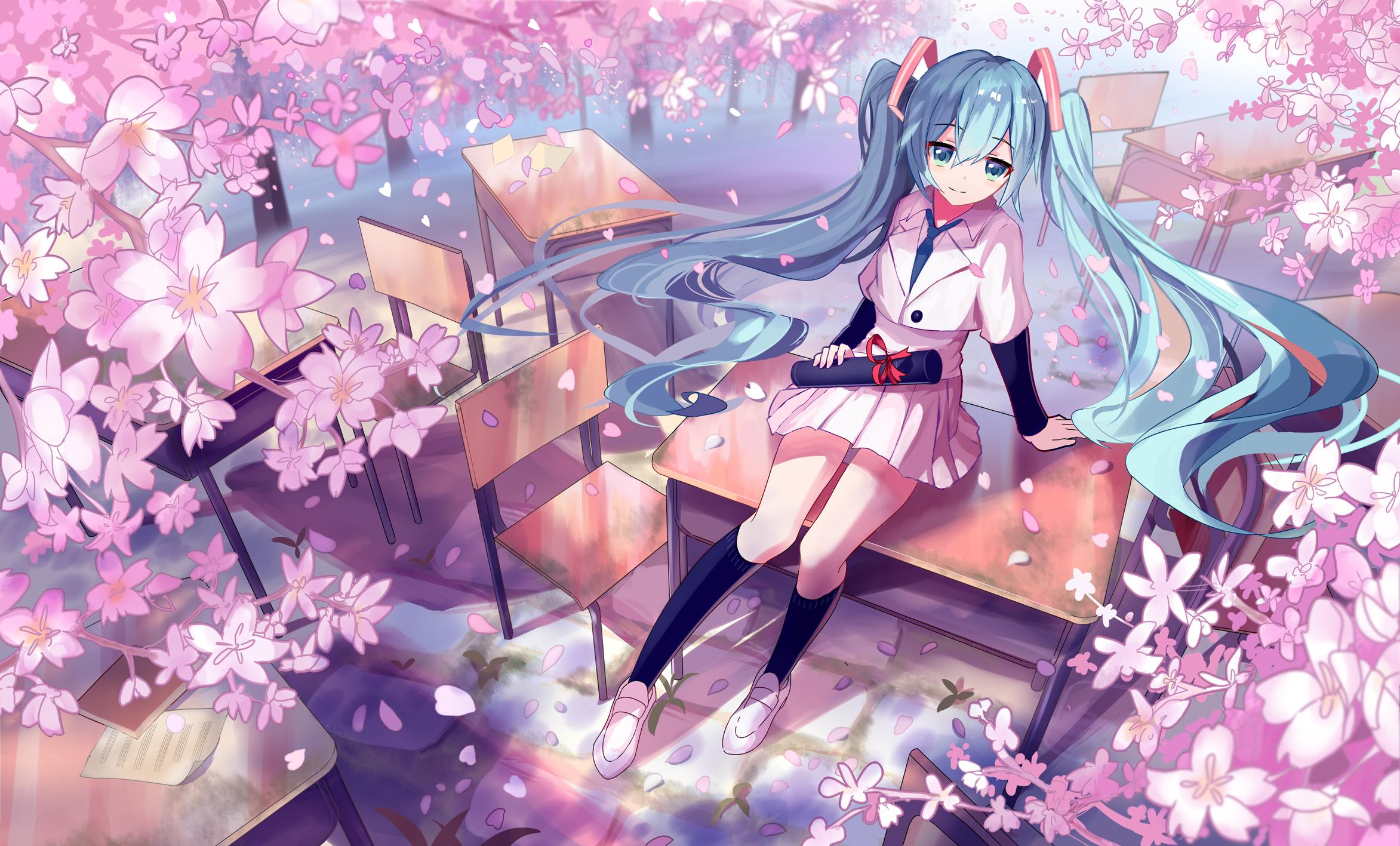 Hatsune Miku ciliegi fioriti, Vocaloid, 2345x1417 Hi-Res, Desktop