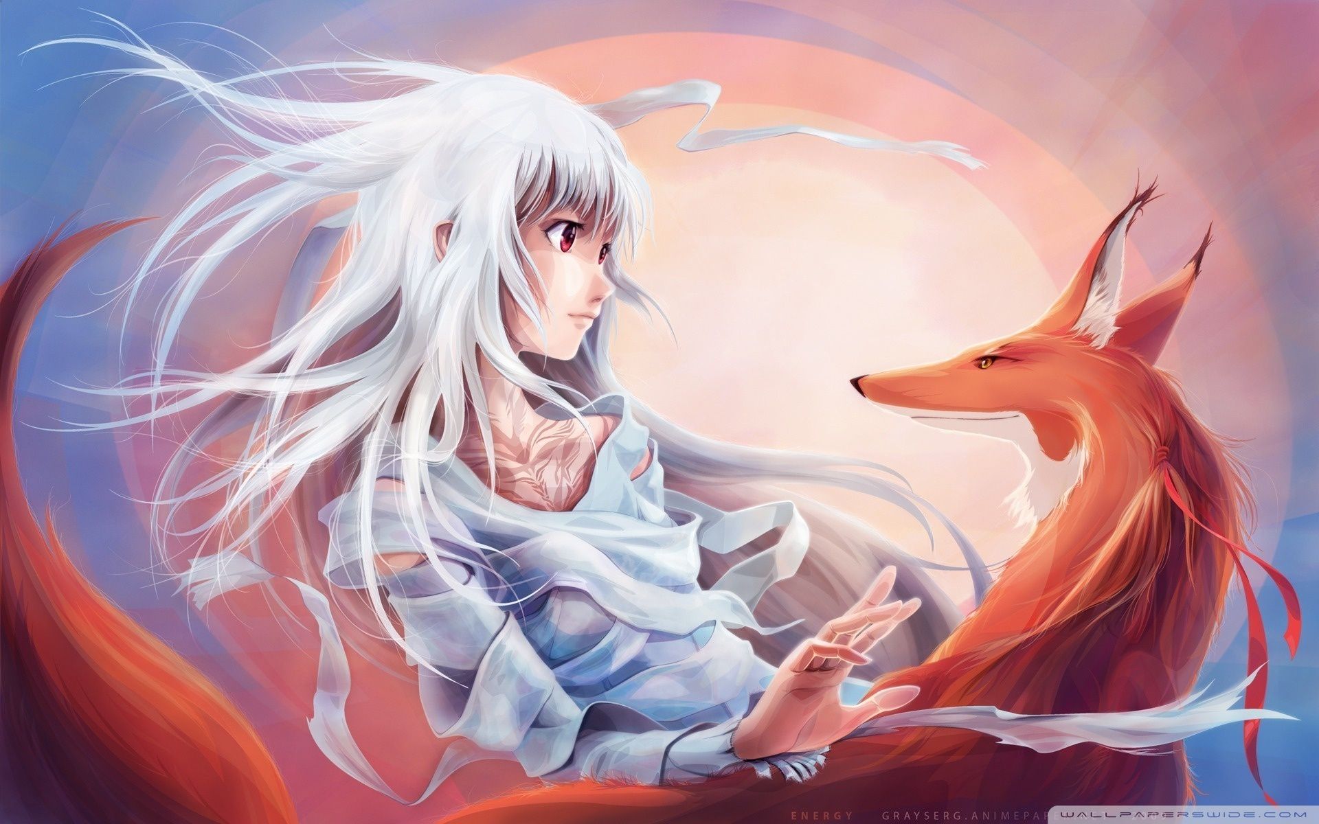 Ragazza anime capelli bianchi e volpe, 1920x1200 WUXGA, Desktop