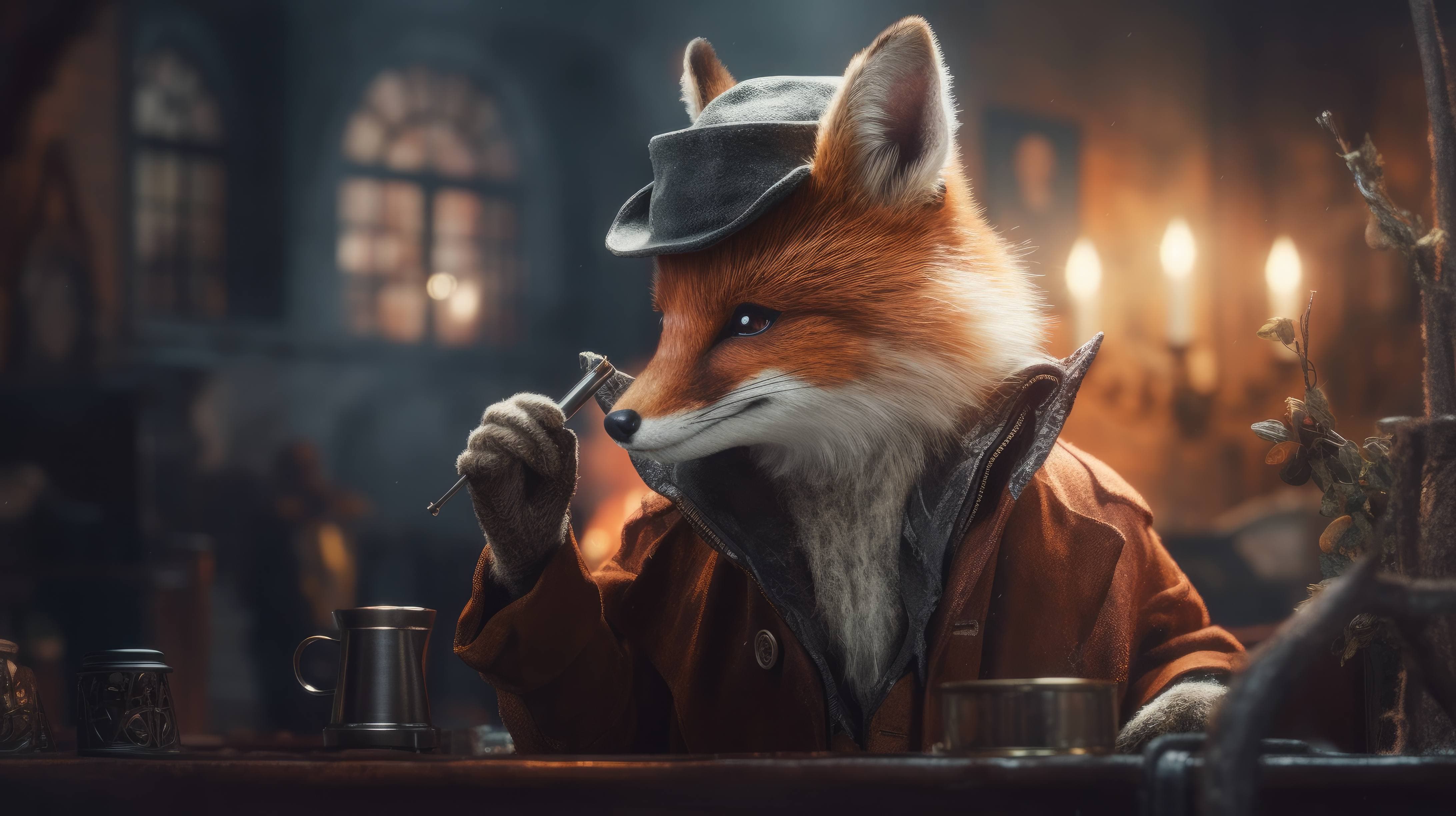 Volpe detective con cappotto, 4368x2448 4K Ultra HD, Monitor 4K