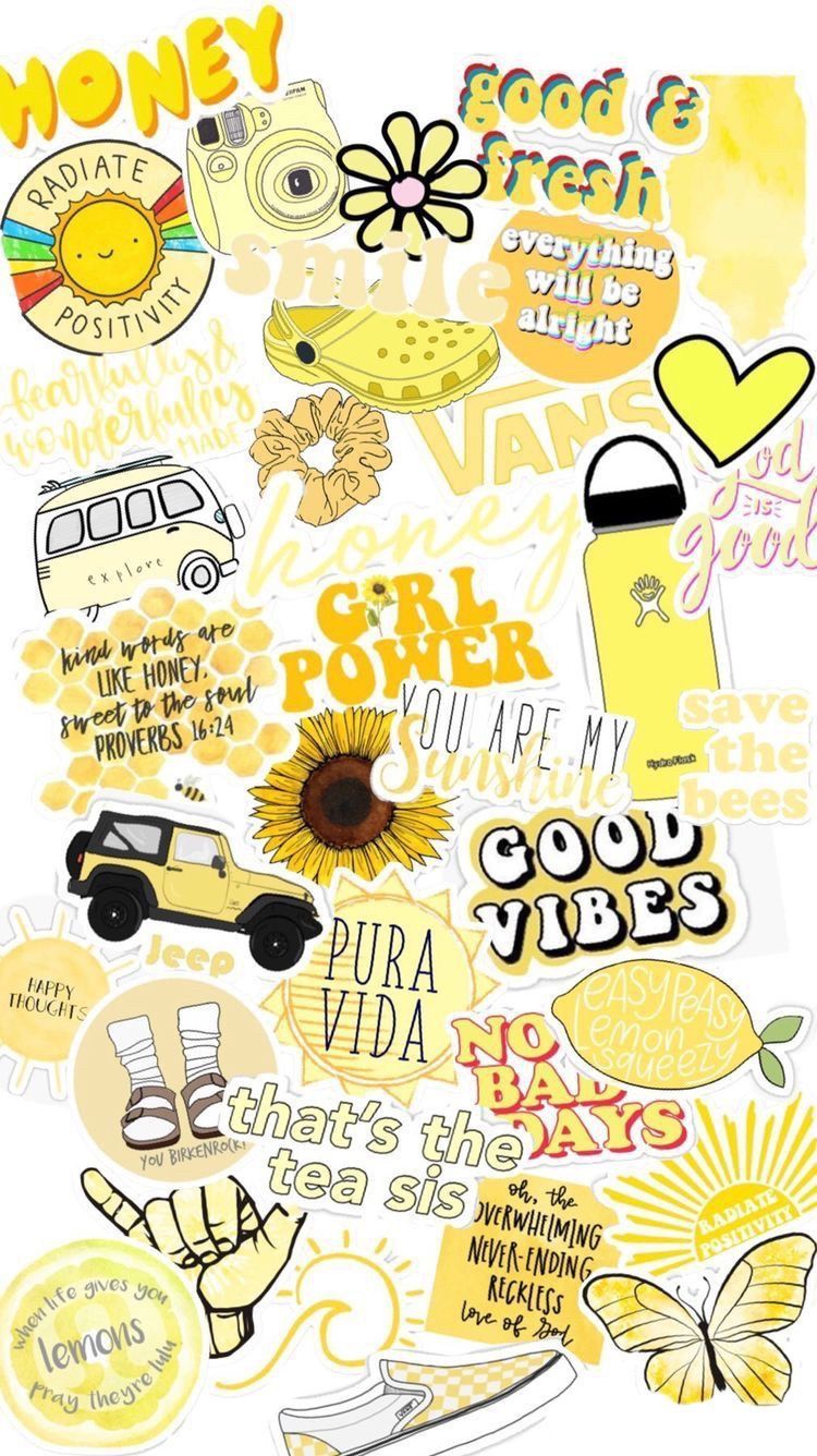 collage adesivi gialli good vibes, 750x1336 Verticale, Telefono