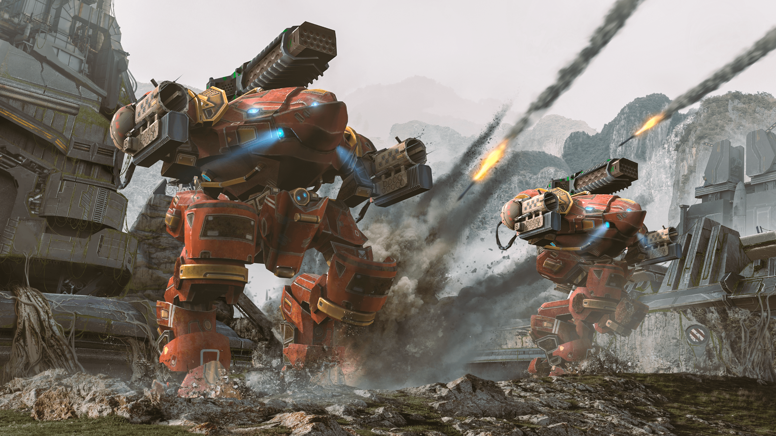 Robot da guerra arancioni in combattimento, 2560x1440 1440p, Desktop