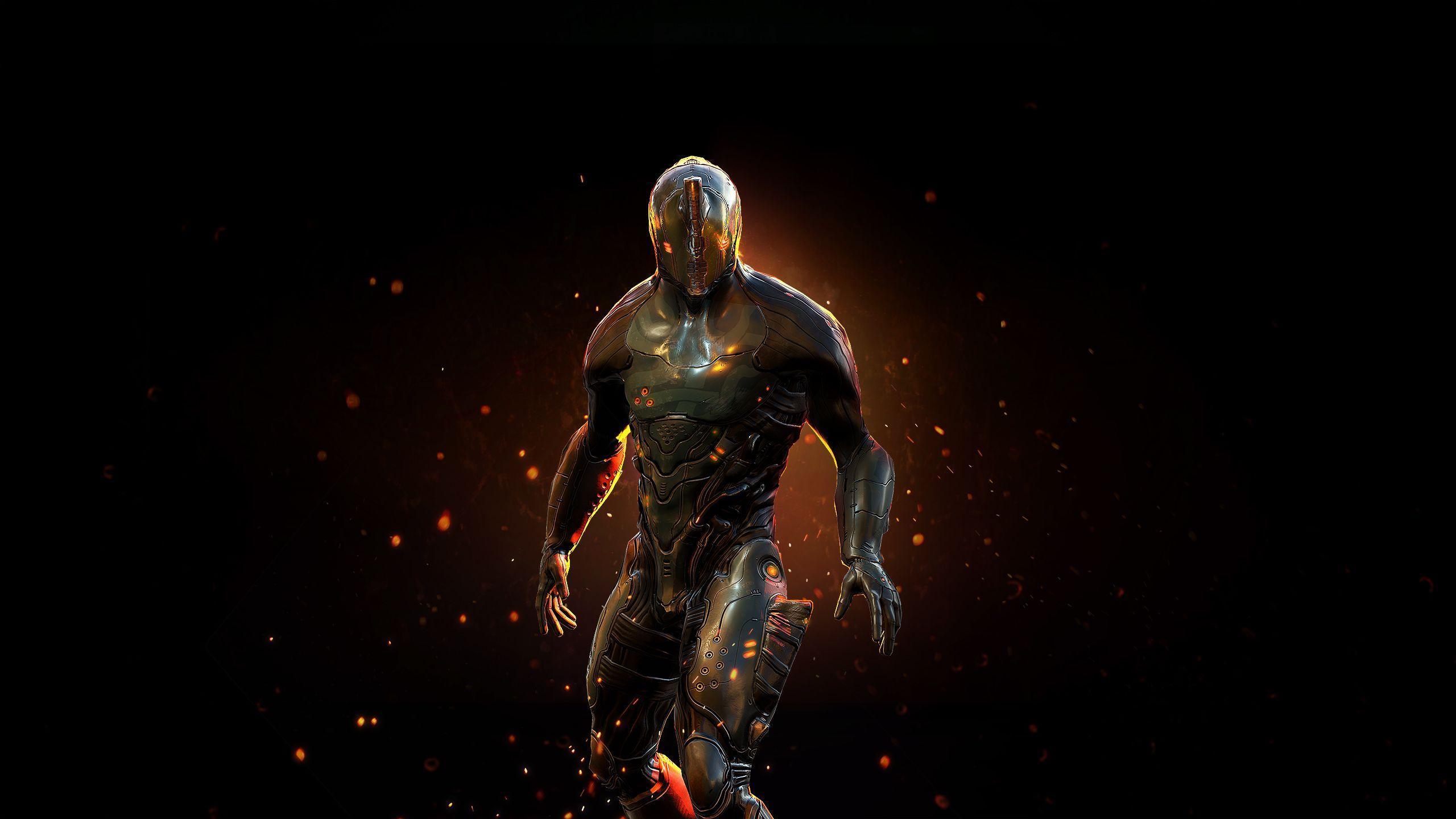 Personaggio Warframe dorato infuocato, 2560x1440 2K QHD, Monitor Gaming