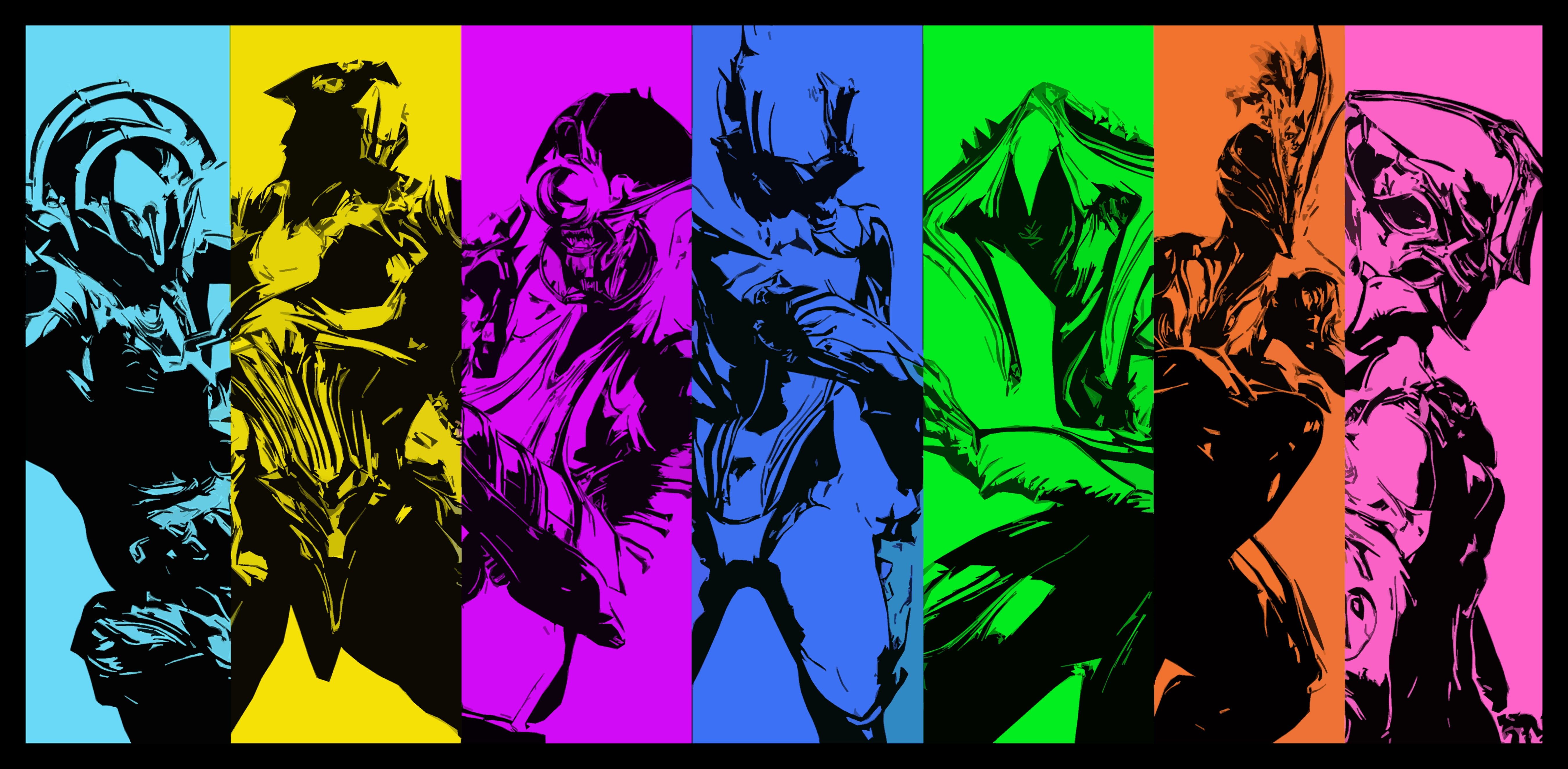 Warframe personaggi silhouette colorate, 5398x2647 4K Ultra HD, Monitor 4K
