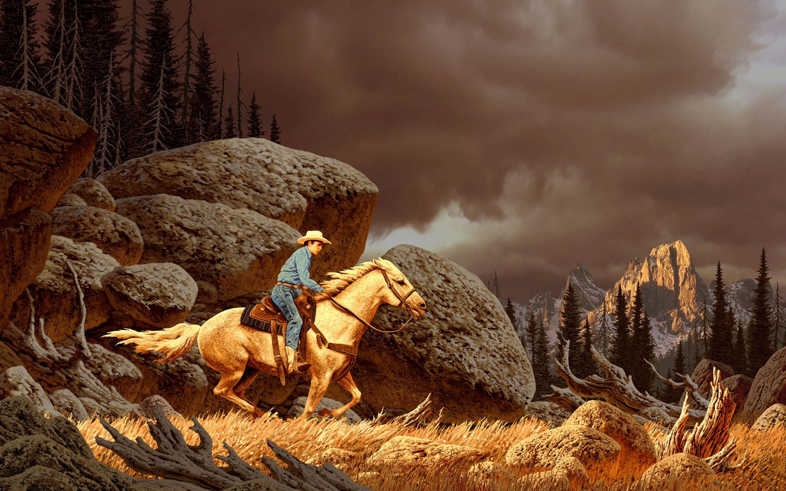 Cowboy a cavallo tra rocce, 2560x1600 2K, Laptop