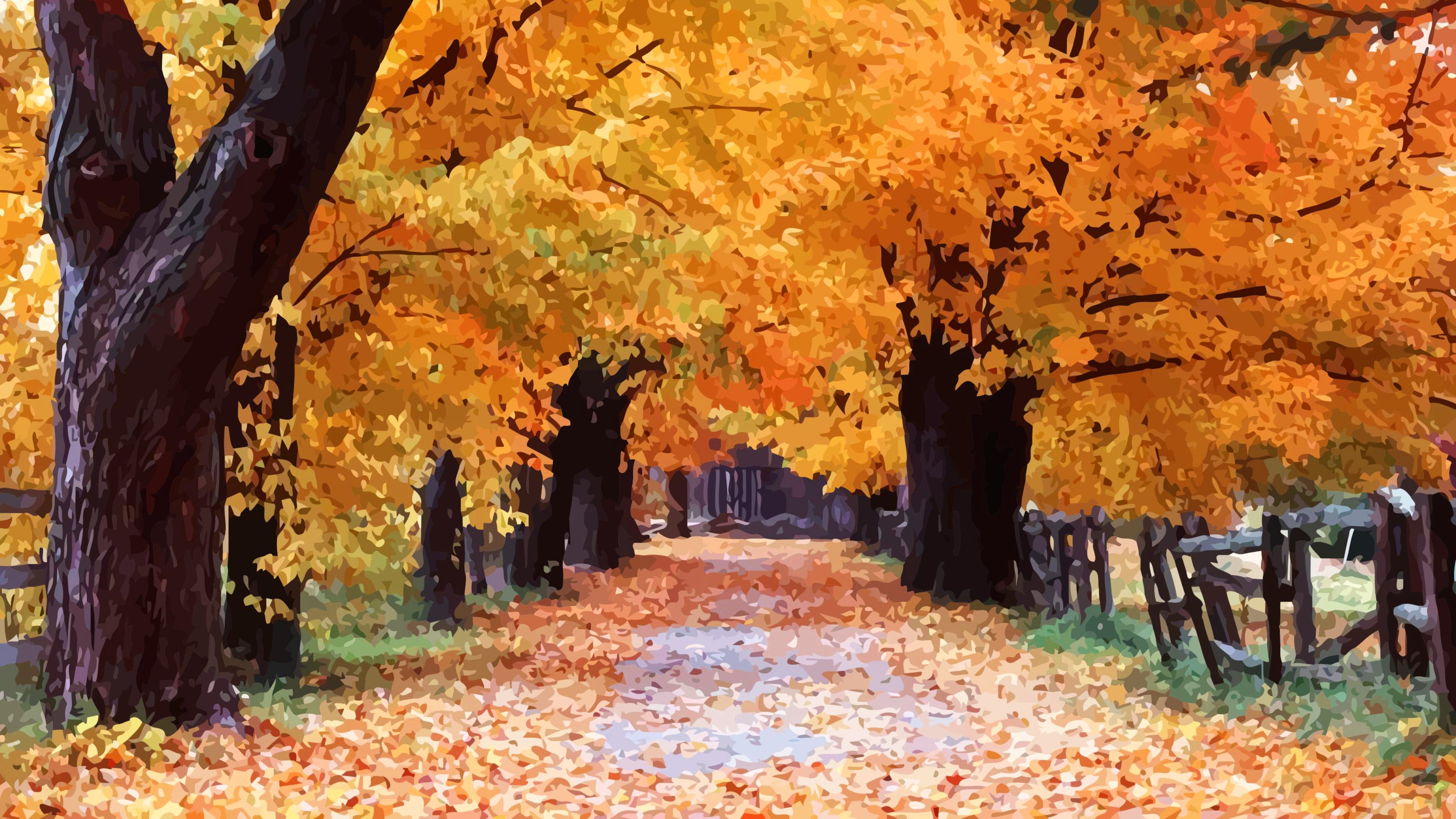 Sentiero autunnale alberato foglie, 3840x2160 Ultra HD, PC