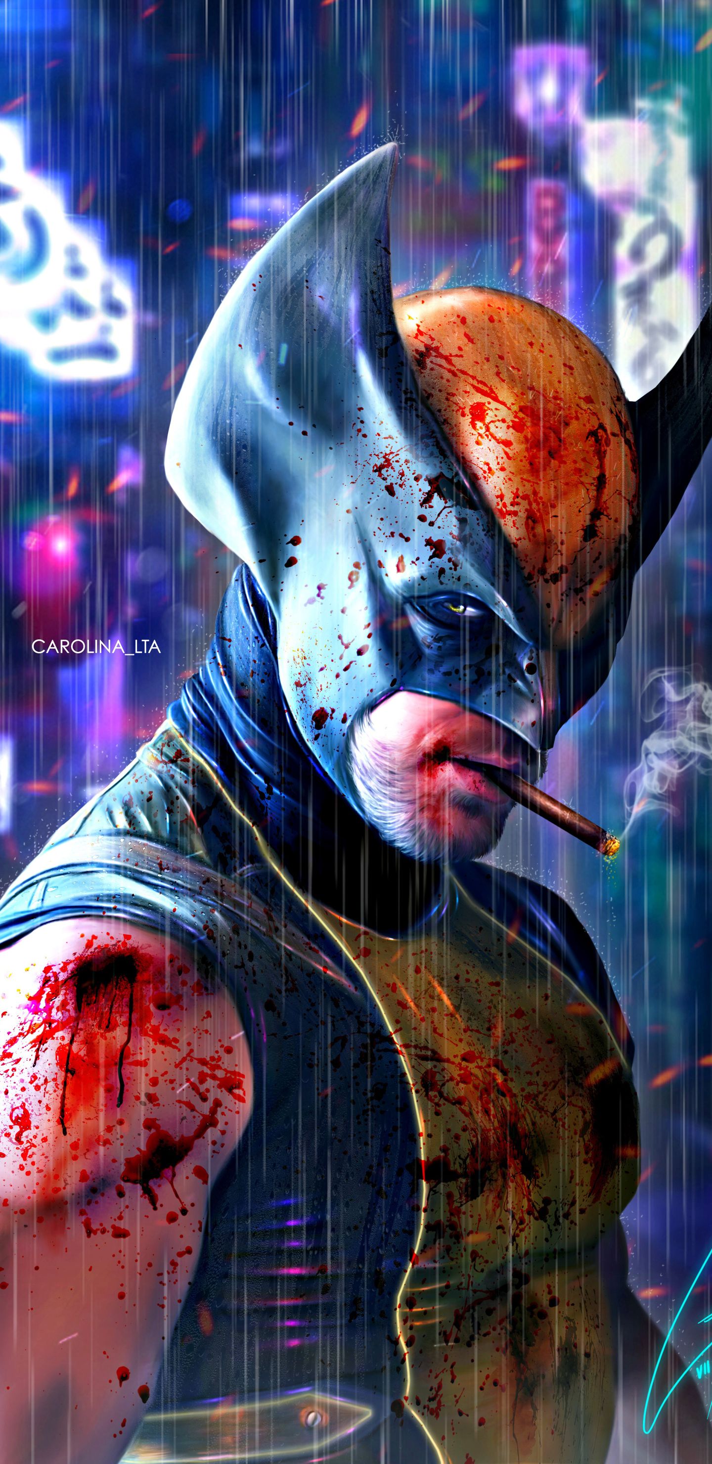Wolverine insanguinato città neon, 1440x2960 Full HD Verticale, iPhone