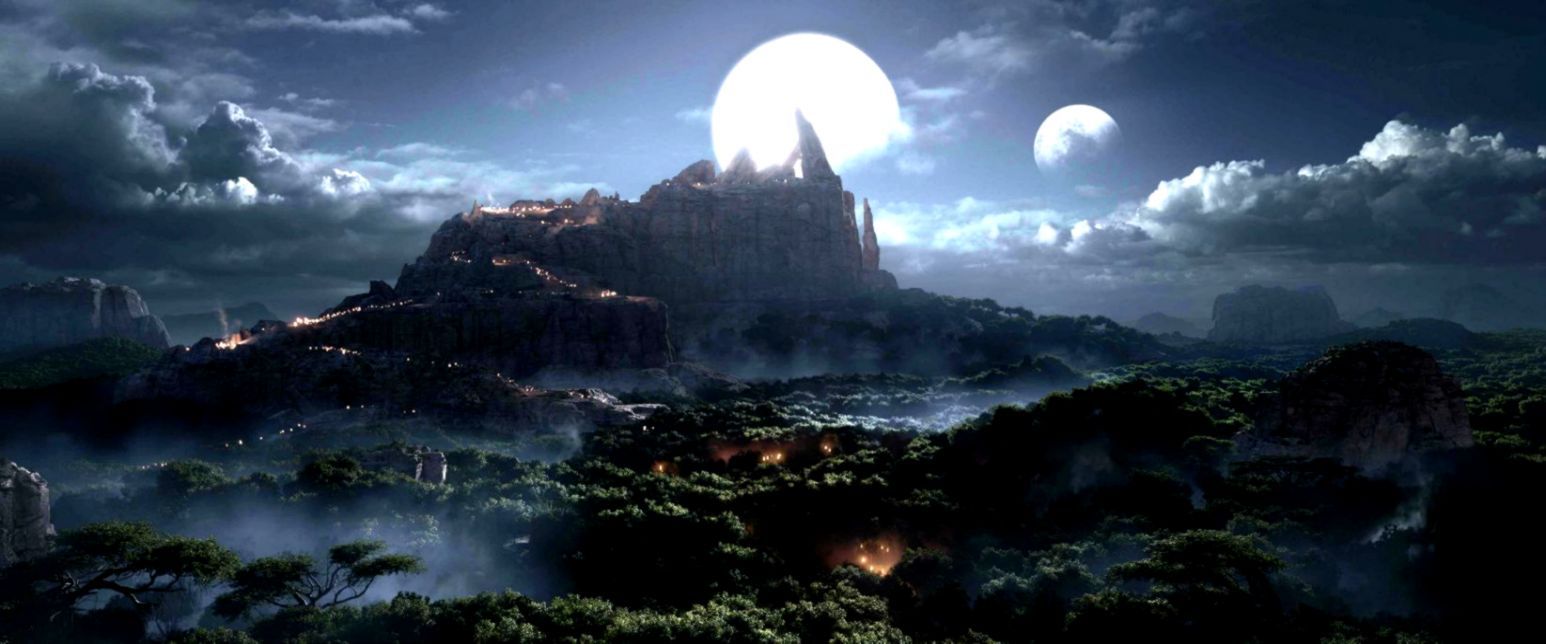 Castello notturno con lune, World of Warcraft, 1546x644 Ultrawide, Dual Monitor