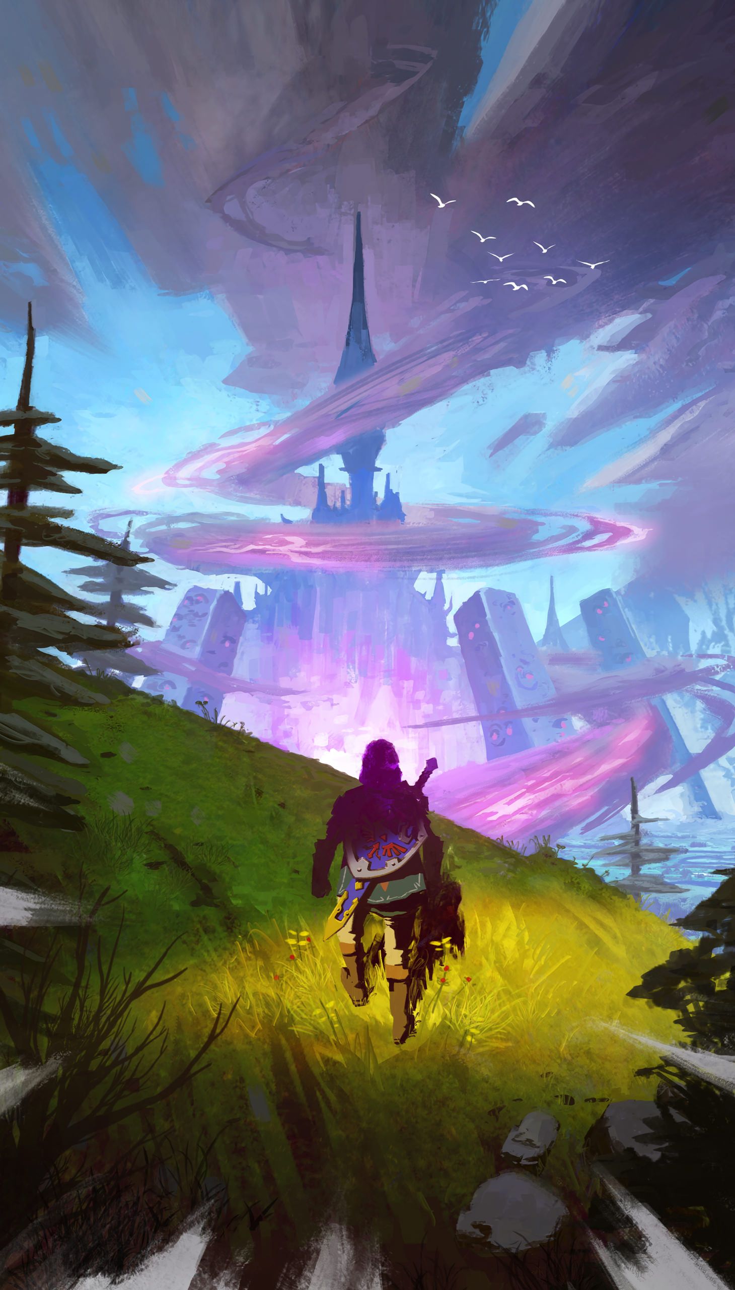 Link paesaggio fantasy Zelda, Nintendo, 1460x2560 Verticale, Mobile