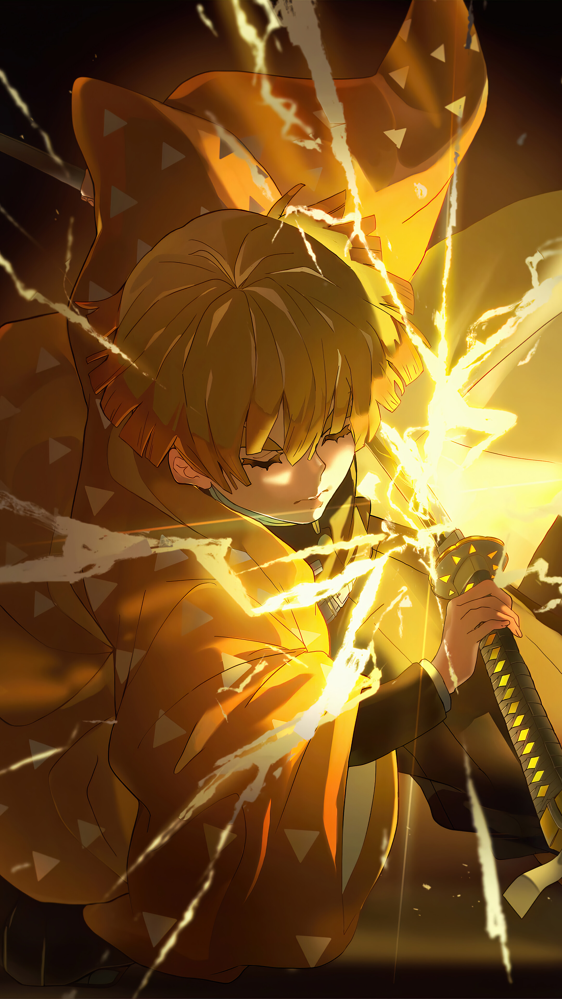 Zenitsu Agatsuma con katana, fulmini, 2160x3840 Full HD Verticale, Smartphone