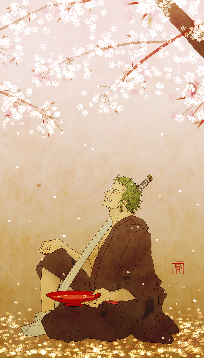 Zoro One Piece sotto sakura, anime pirati, 800x1400 Verticale, Mobile