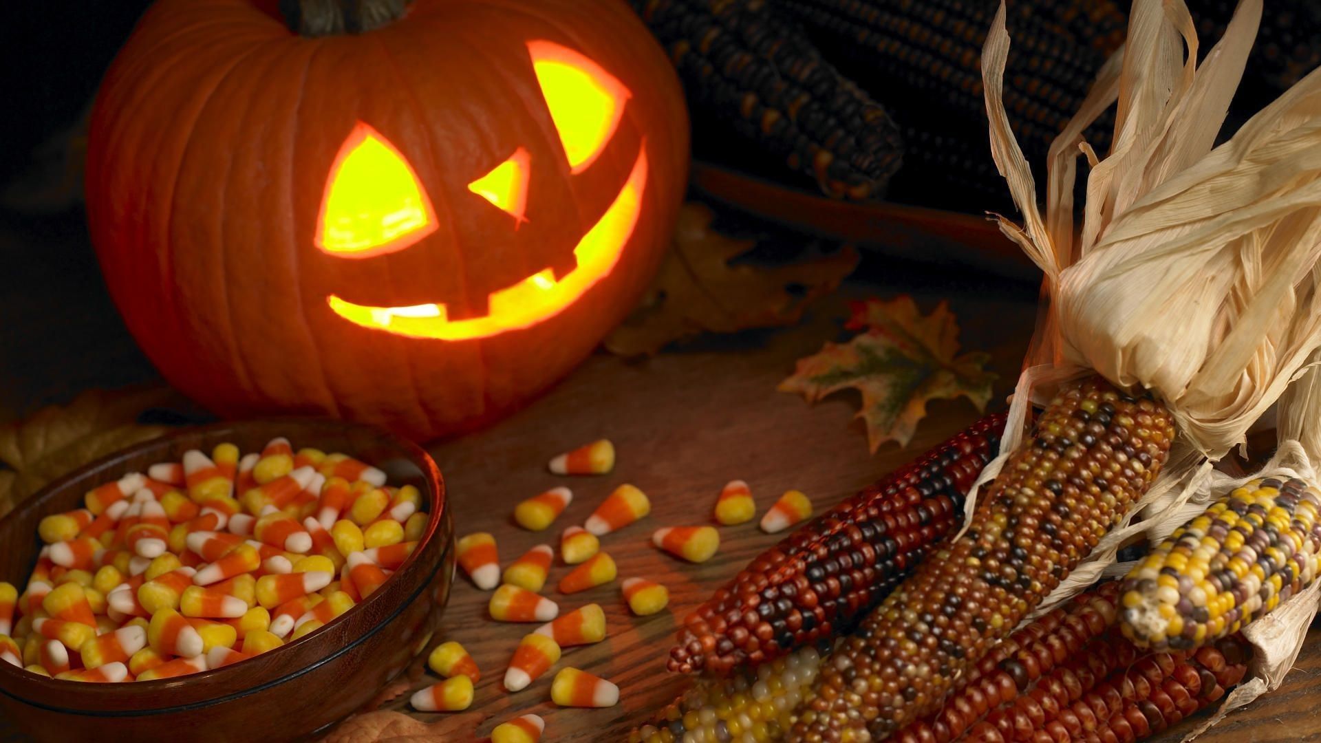 Zucca Halloween con caramelle e pannocchie, 1920x1080 Full HD 1080p, PC Desktop