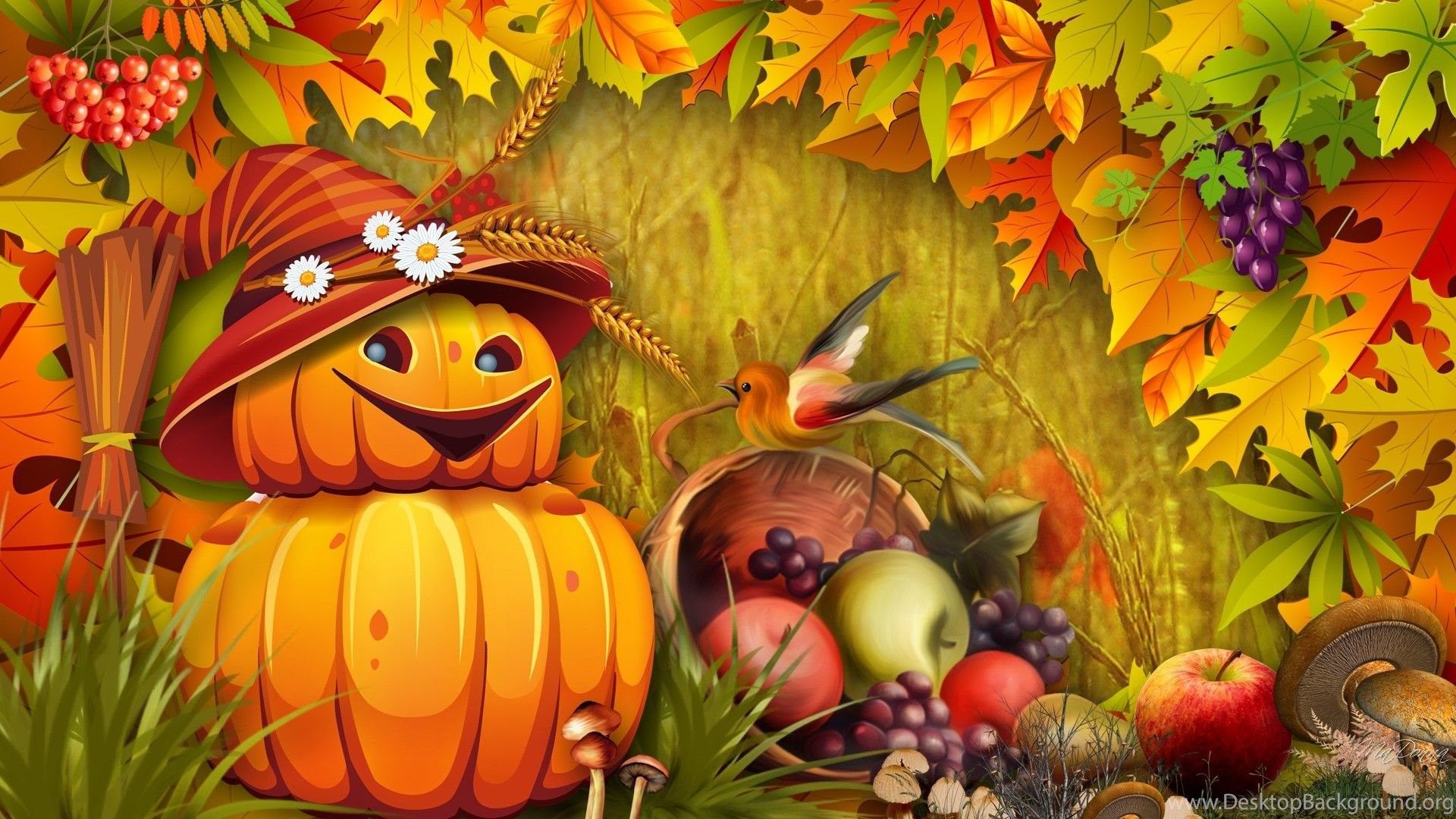 Zucca con cappello e frutta autunnale, 1920x1080 Full HD, PC Desktop