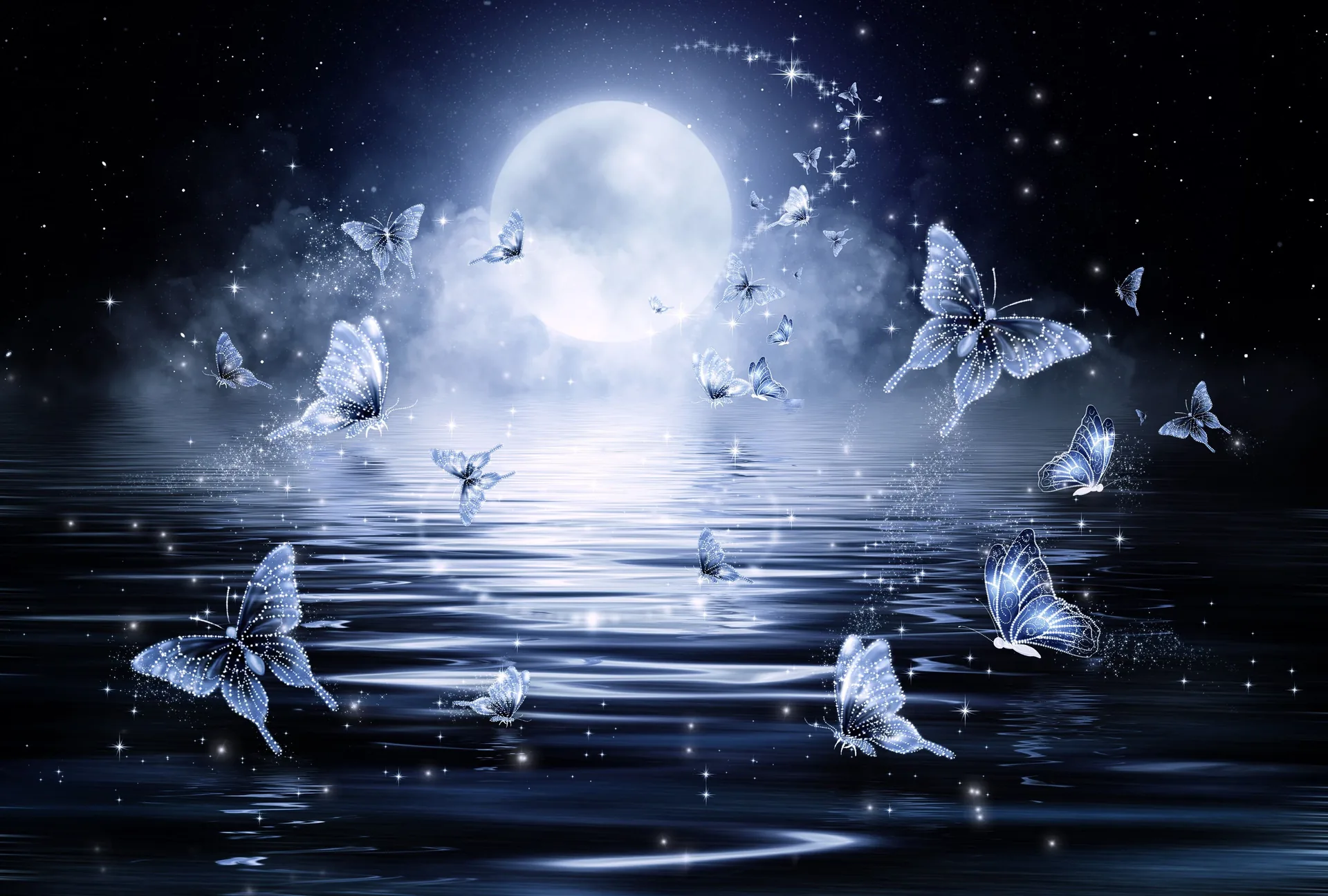 Farfalle sopra acqua con luna piena, 3792x2560 2K+, Laptop