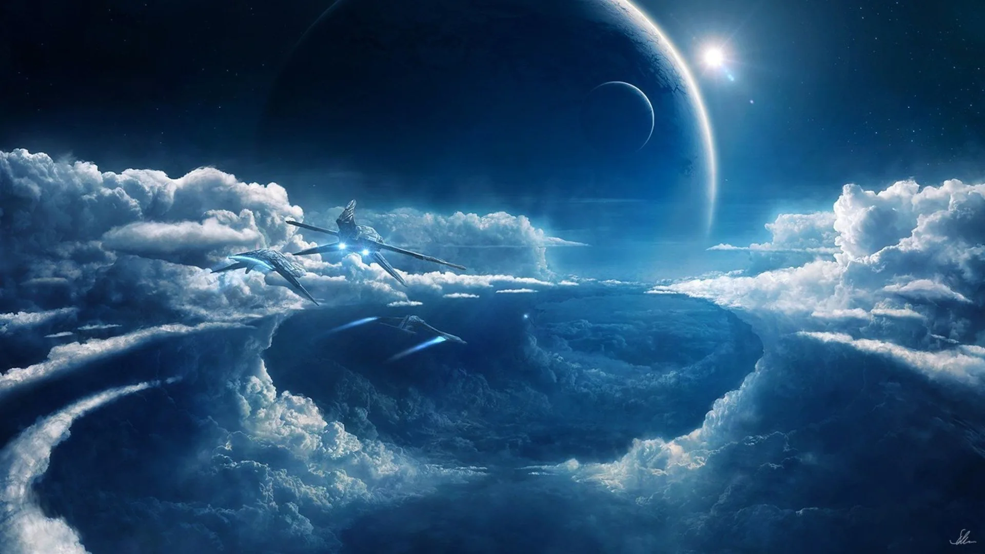Astronavi tra nuvole, pianeta blu, 2400x1350 Hi-Res, iMac