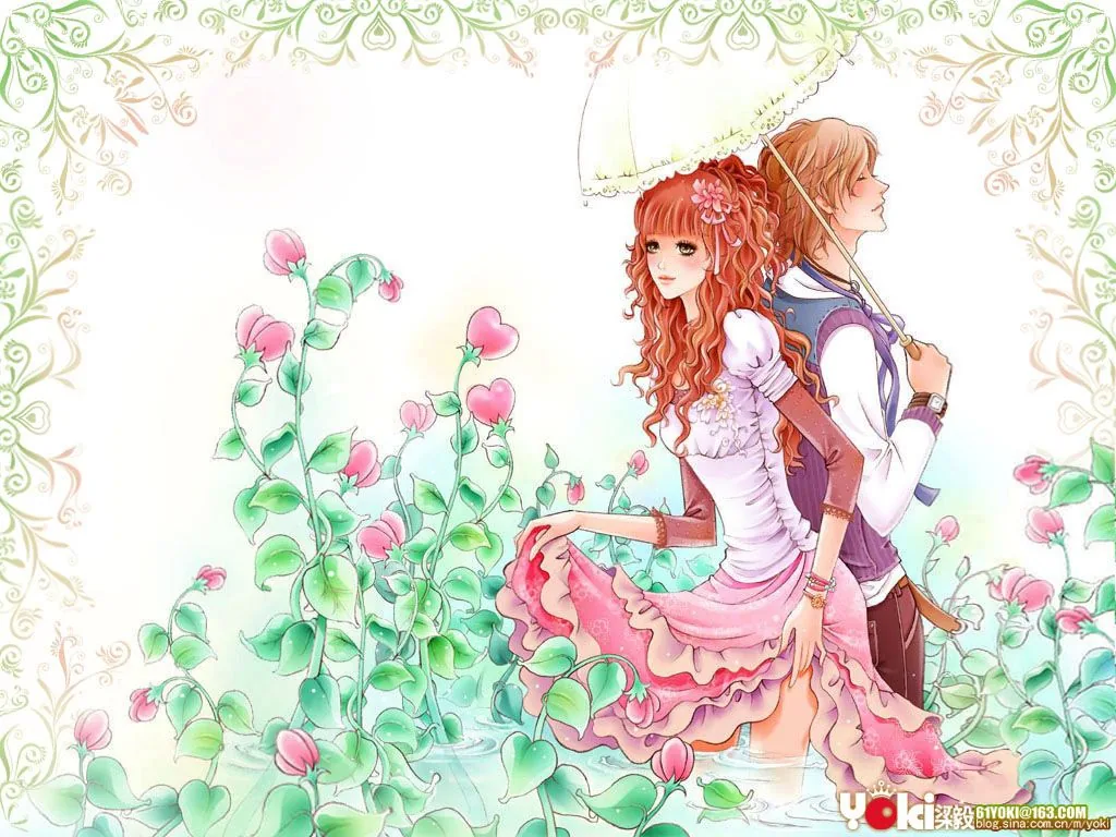 Coppia cartoon romantica tra rose, 1024x768 HD, iMac