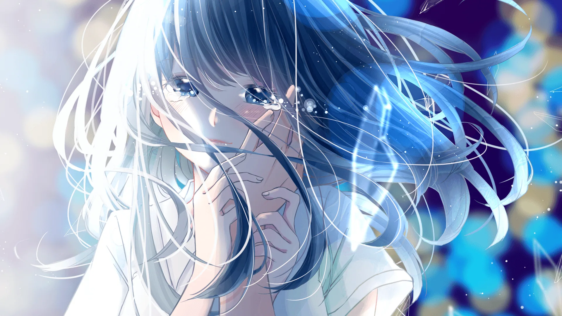 Ragazza anime capelli blu piange, 1920x1080 Full HD 1080p, Desktop