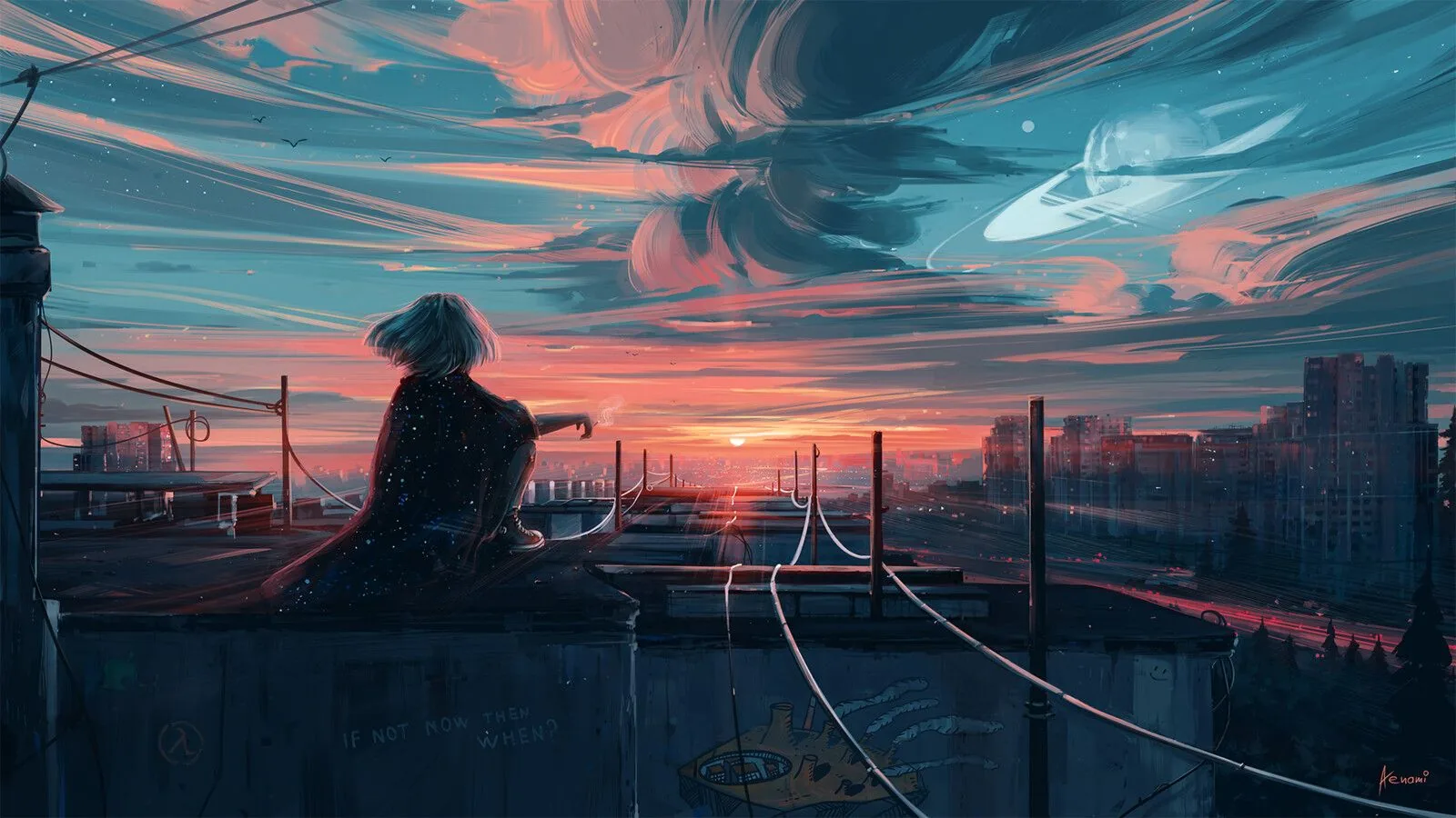 Anime personaggio tramonto città, 1600x900 900p, Desktop