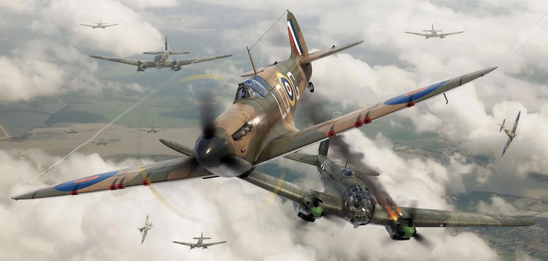 Aerei Spitfire in volo, ruote skateboard, 2263x1080 2K, PC