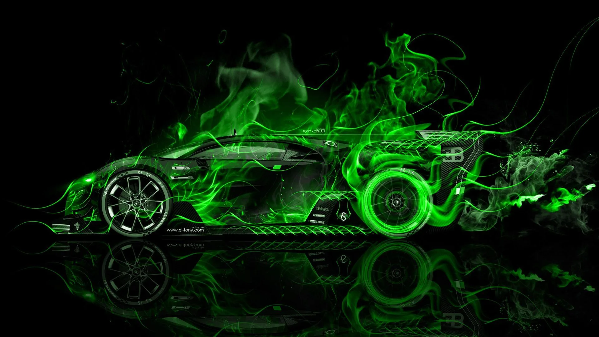Auto sportiva fiamme verdi neon, 1920x1080 Full HD, PC Desktop