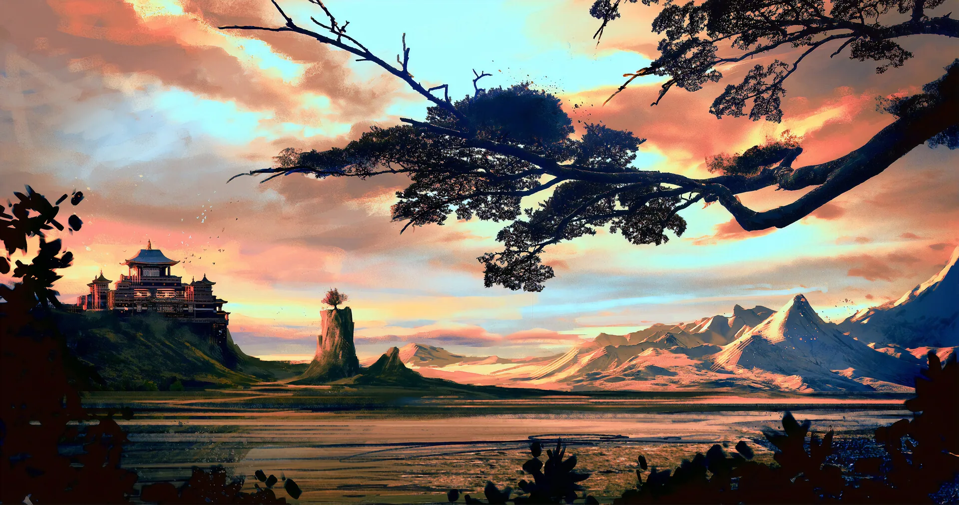 Paesaggio fantasy tramonto pagoda montagne, 3840x2026 4K Ultra HD, Monitor 4K