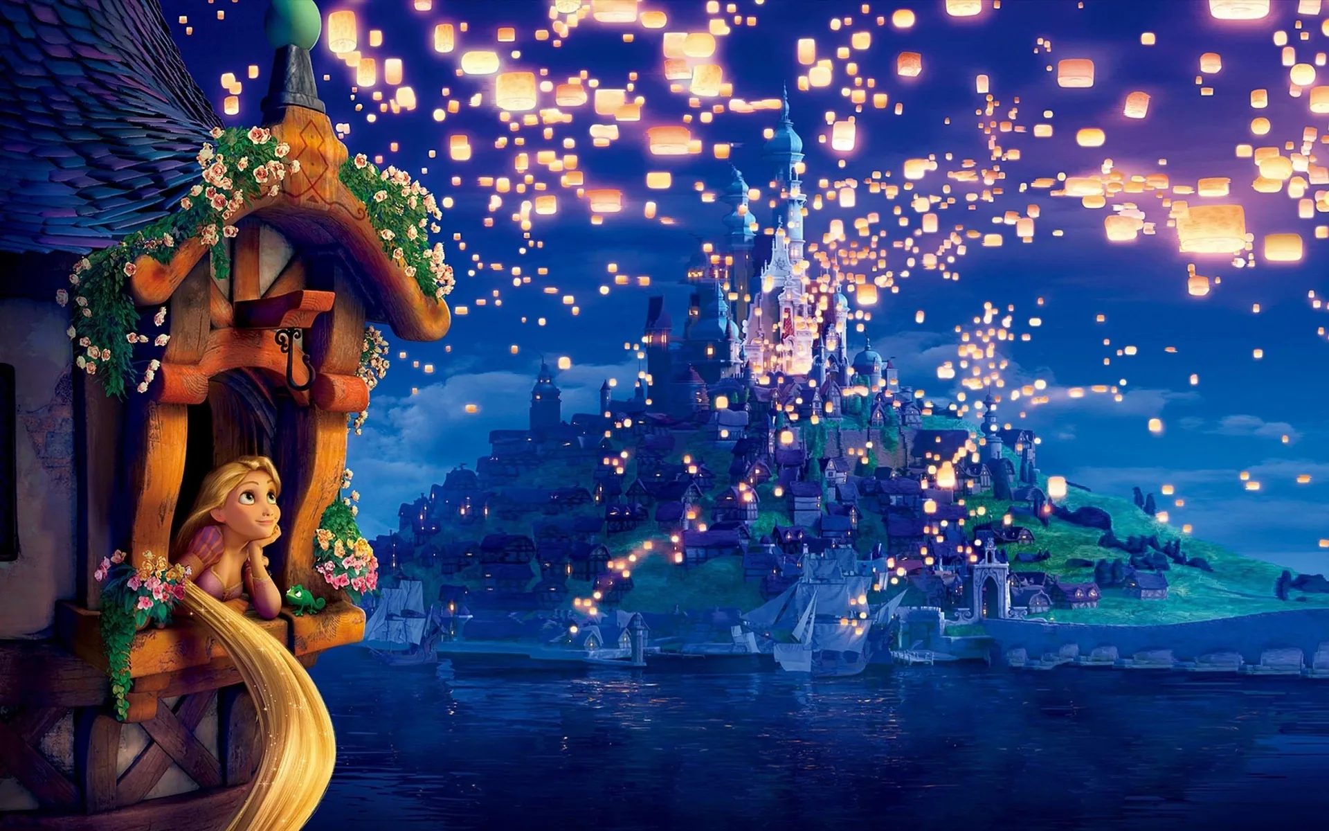 Rapunzel lanterne castello notte, 2880x1800 2K, Desktop