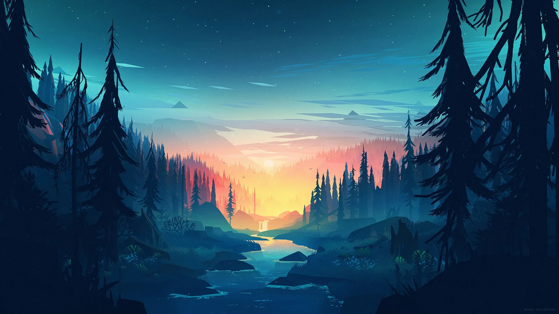 foresta minimalista tramonto fiume, 2560x1440 1440p, Desktop