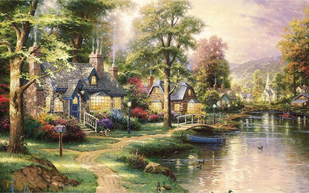 cottage lago Thomas Kinkade, 1280x800 HD, Desktop