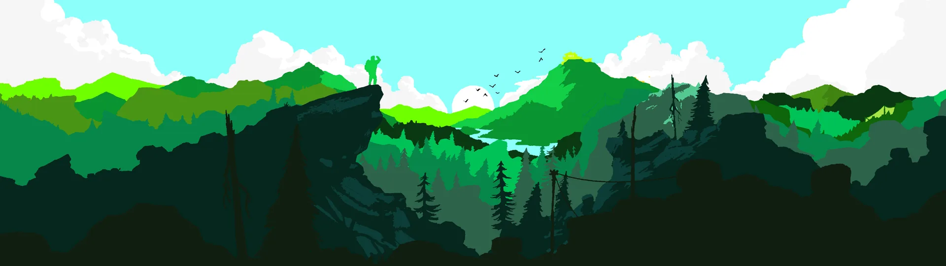 Paesaggio montano verde stilizzato, 3840x1080 Ultrawide, Dual Monitor
